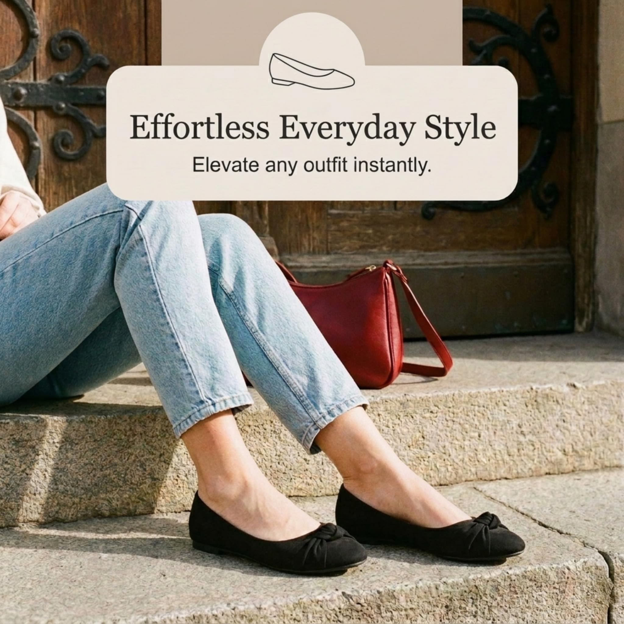 Epic Step Ballet Flats for Women, Comfortable Slip on Faux Suede Round Toe, Ballerina Dressy Flat Shoes (Black, 8)
