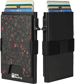Minimalist Mens Card Holder Wallet, RFID Blocking Slim Smart Pop Up Aluminum Wallet,Holds 12+ Cards,Expandable Compact Plate,Cash Strap/Money Clip (Forged Red)