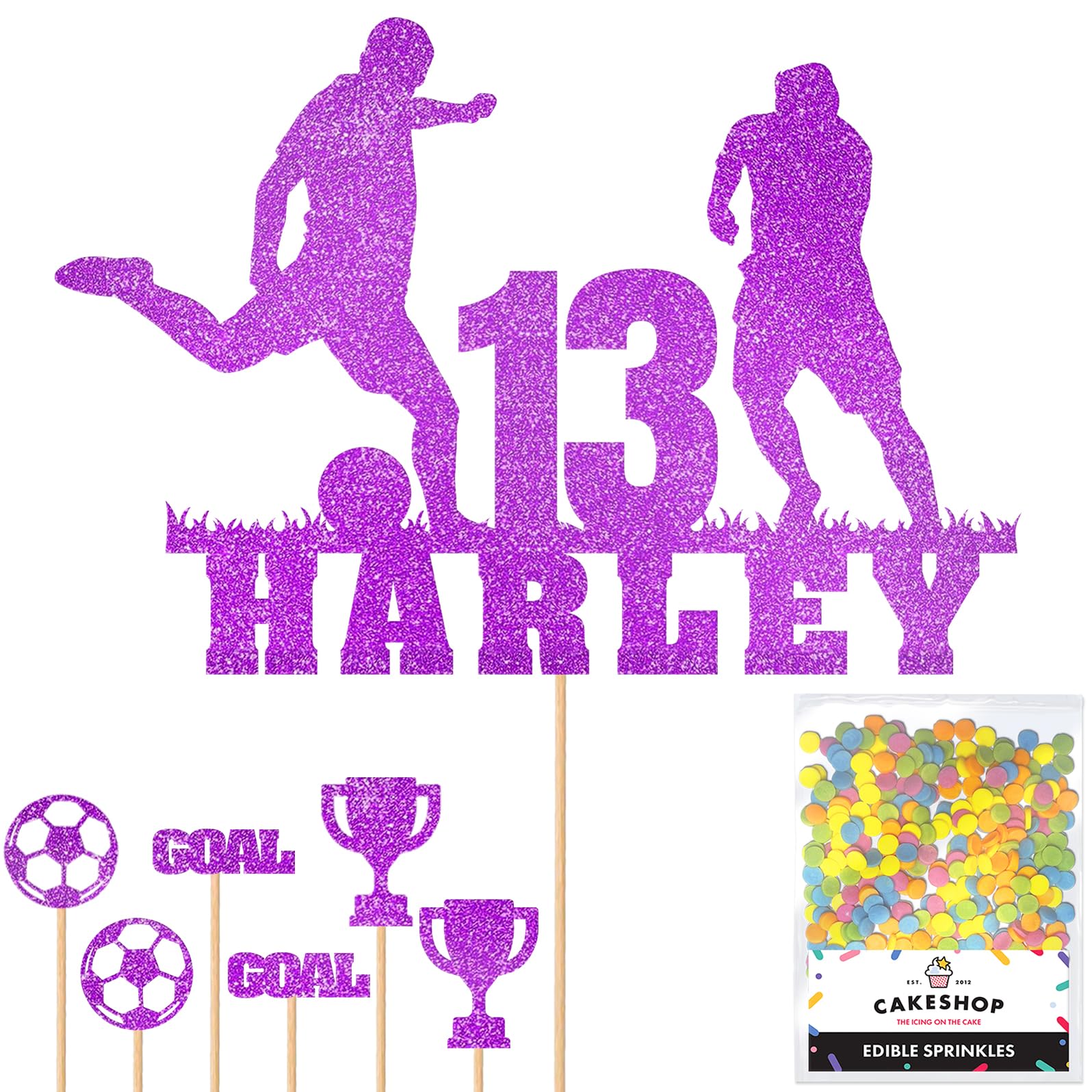 Personalised Birthday Football Footballer Cake Topper- Purple Any Name & Age Glitter Cake Decoration and Sprinkles - Happy Birthday Decorations - Personalised Toppers for Cakes by Cakeshop — image 1