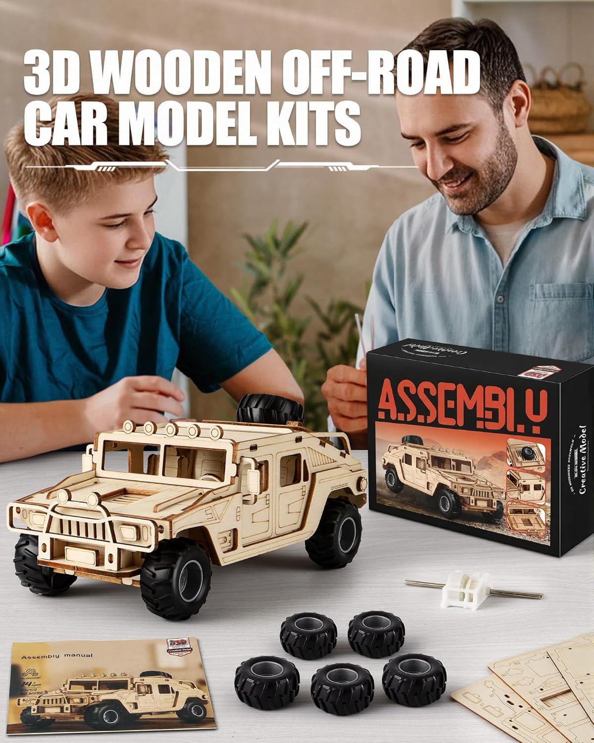 3D Wooden Puzzles Model Car Kits to Build for Adults, DIY Off-Road Cars Building Kits, Brain Teaser Pull Back Toys, Gift for Men Boys on Birthday/Christmas Day (Off-Road Car)