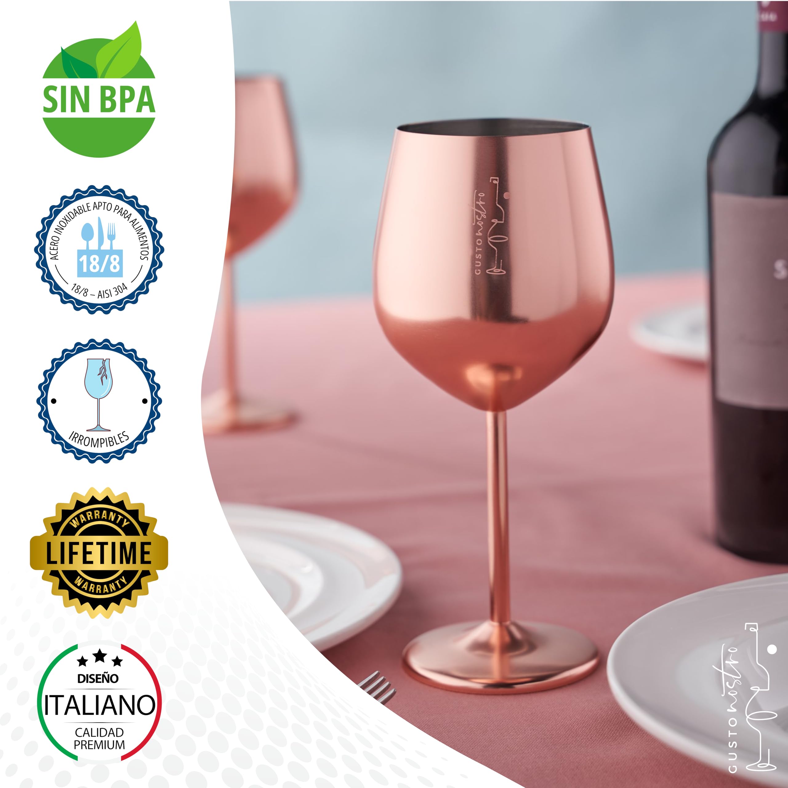 Gusto Nostro Copa de Vino de Acero Inoxidable - 530 ml (18 oz) - Copas de Vino Irrompibles de Oro Rosa para Viajes, Camping y Piscina - Copa de Vino de Metal Portátil Elegante, Única y Genial para