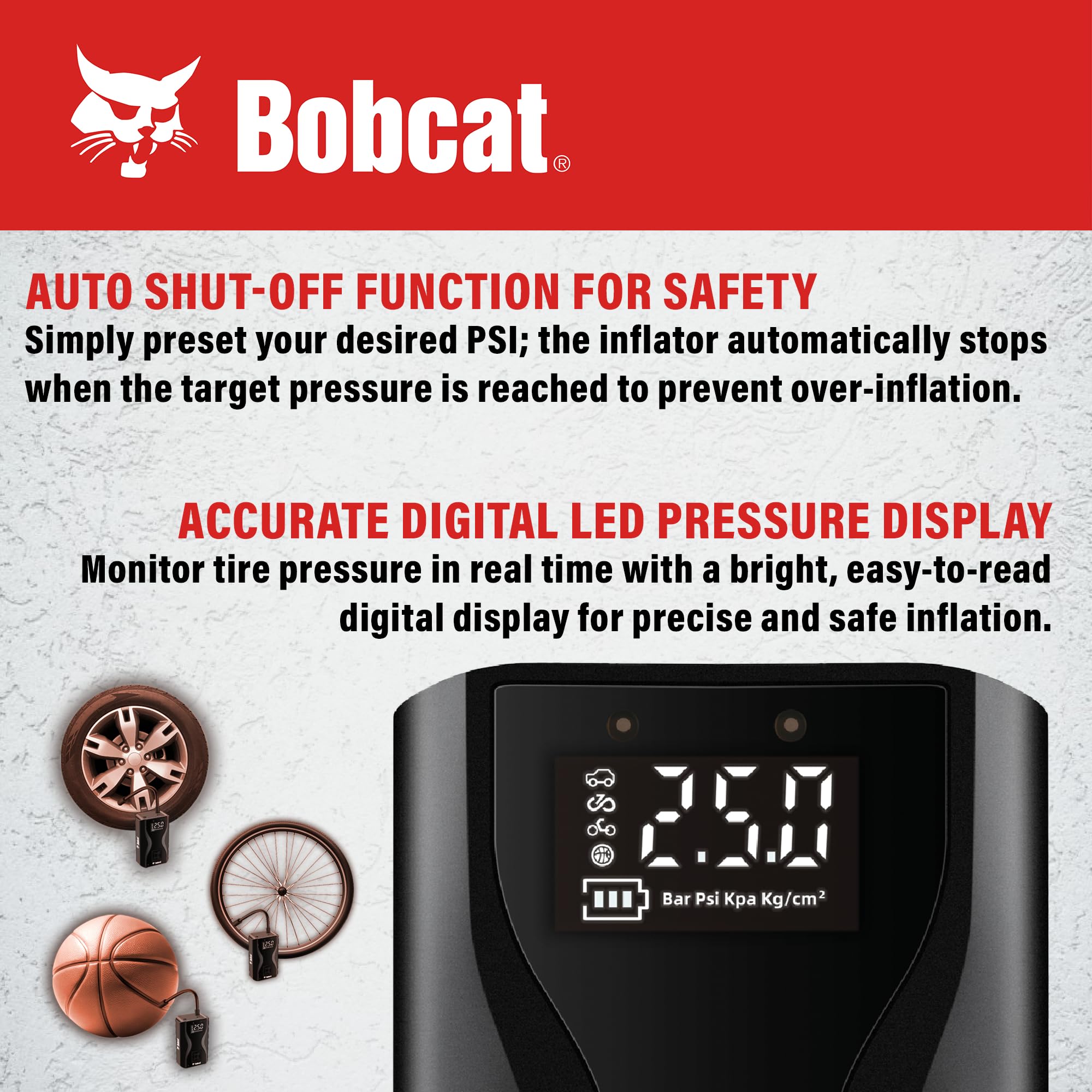 Bobcat - Gonfiatore portatile per pneumatici, ricaricabile, con display a LED, spegnimento automatico, torcia integrata, compatto e portatile, per auto, biciclette, palloni e altro, 150 PSI