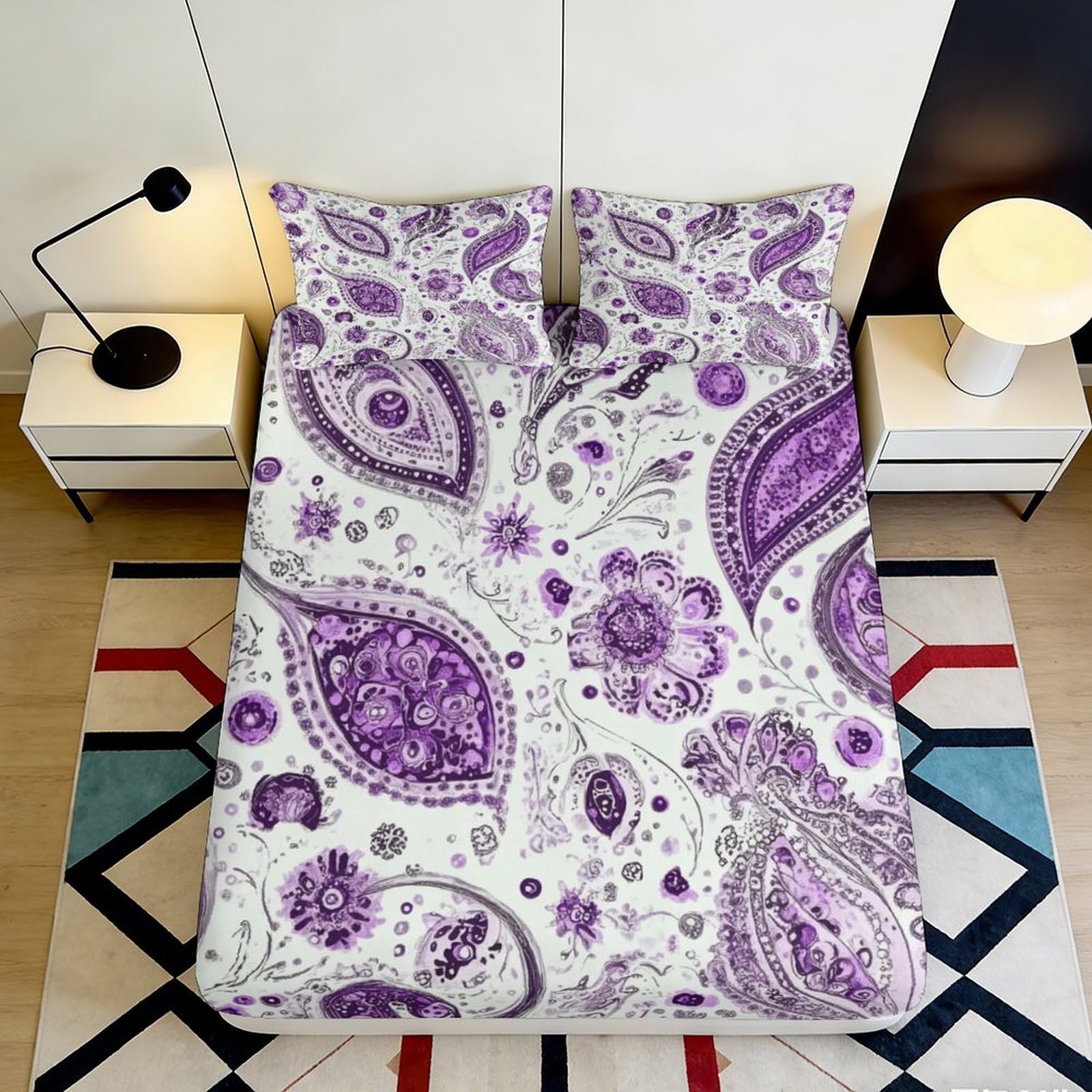 Pnayamiorkfel Style-3 3D Printed Purple Paisley Fitted Sheet Microfiber Soft Anti-Slip Floral Mattress Cover For Bedroom Guest Room Decor 90X200x25cm