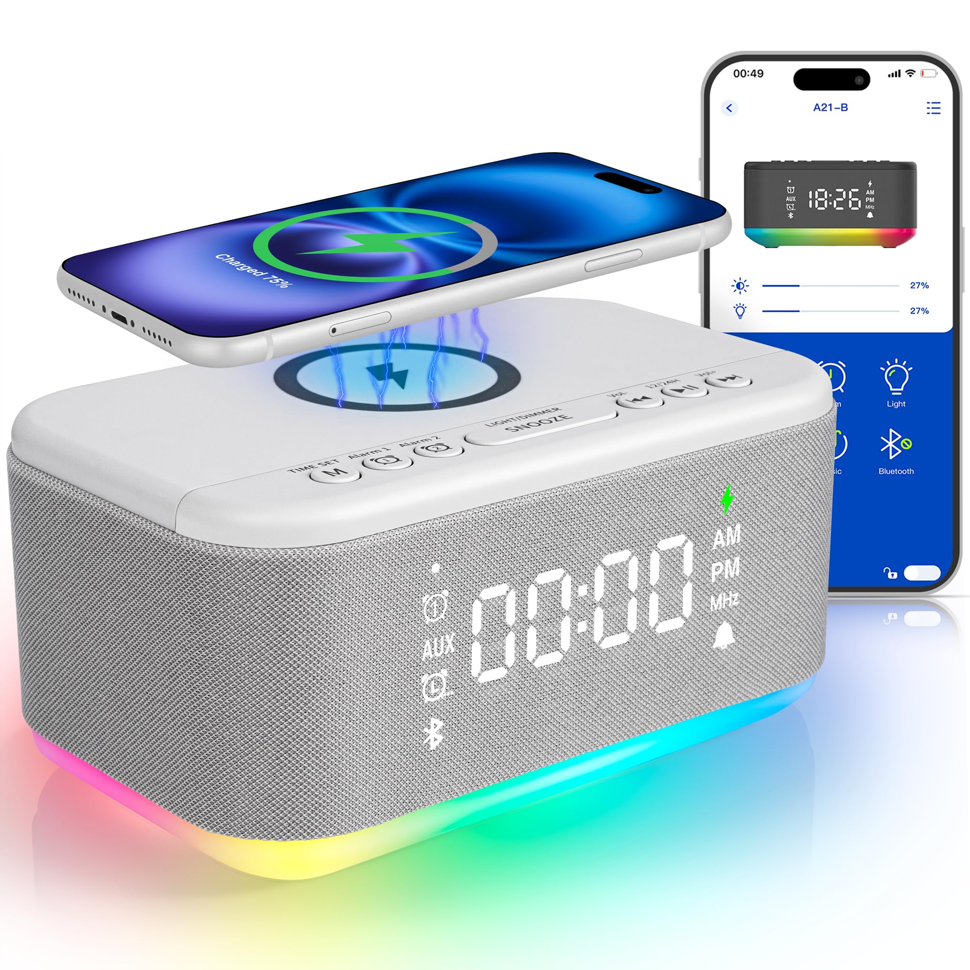 Bluetooth Alarm Clock Radio Bedroom Digital Dual Alarm Clock Bedroom Up to 10 Alarms Clock Night Light Speaker
