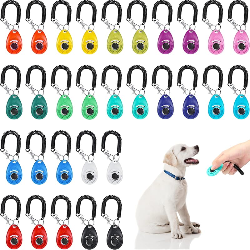 Kigeli 30 piezas de clicker de entrenamiento para perros para mascotas con correa de muñeca, clicker para perros, gatos, pájaros, suministros de entrenamiento para perros, gatos, caballos, pájaros, accesorios de entrenamiento conductual (multicolor)