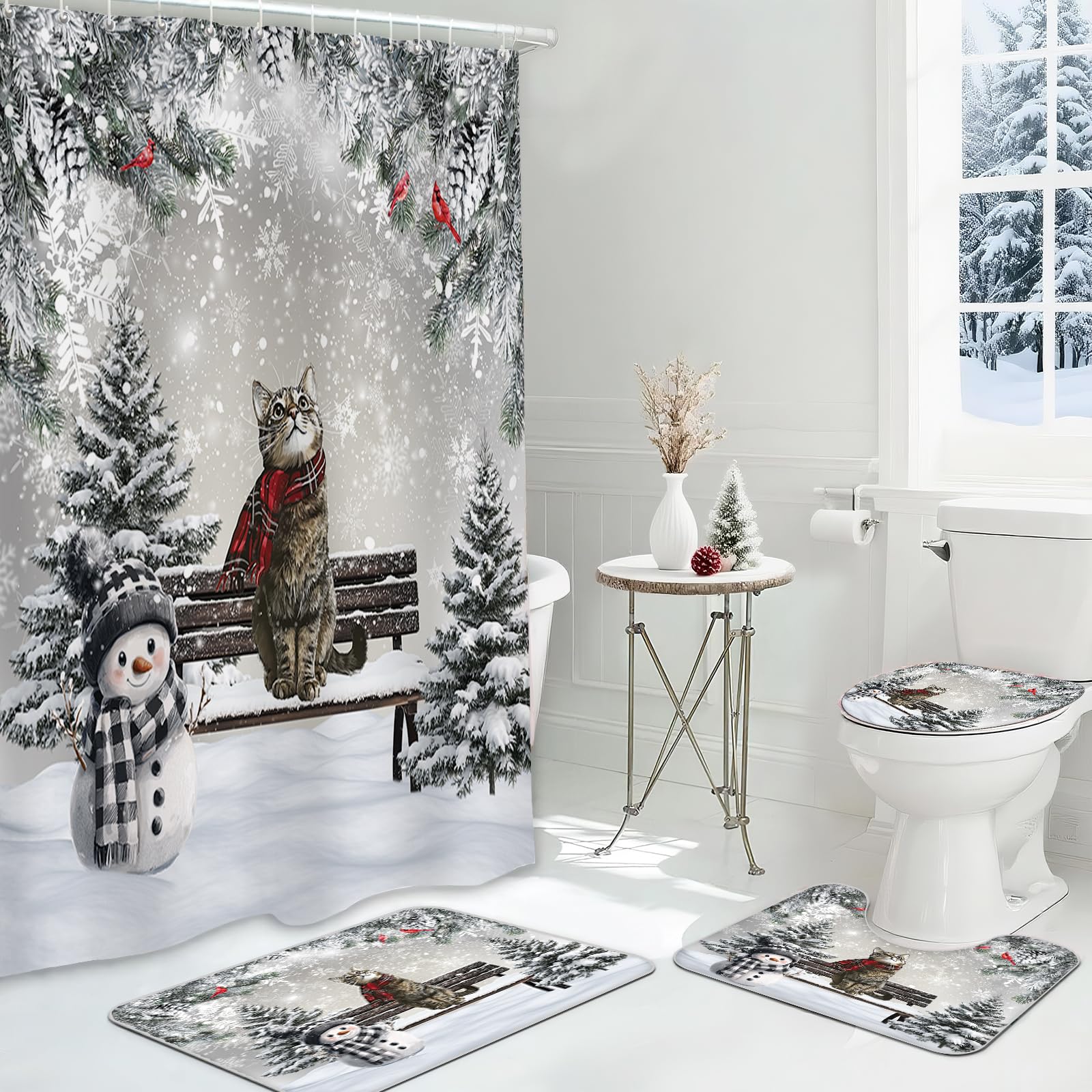Rideaux de douche d'hiver de Noël et tapis de bain motif chat mignon pour décorer votre pièce