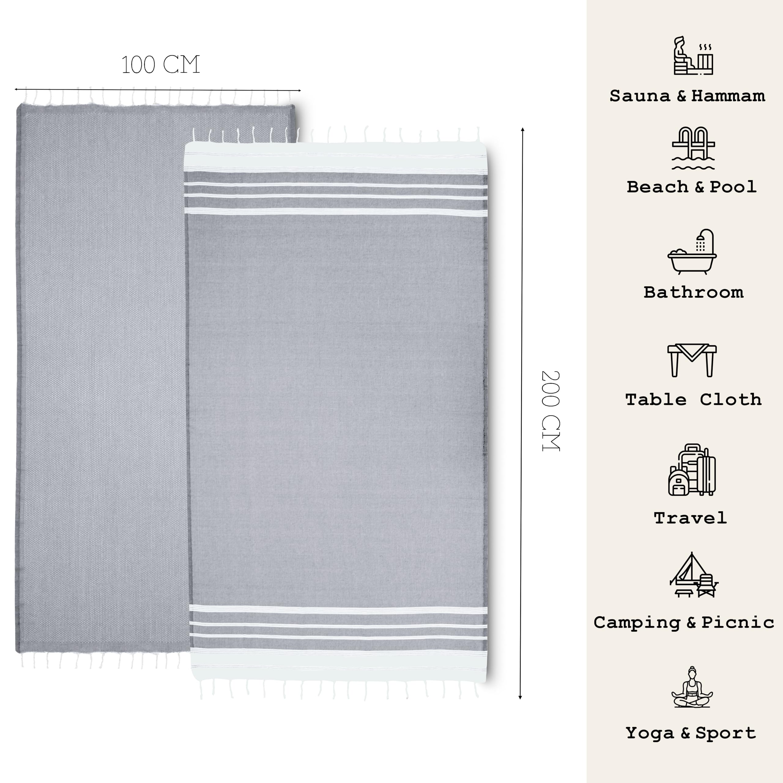 NOUR Hamamtuch Strandtuch | 2er Pack | groß 100x200 cm | aus 100% Baumwolle | Picknickdecke | Saunatuch | Extra leicht | saugstark | schnelltrocknend | Sandfrei (grau)