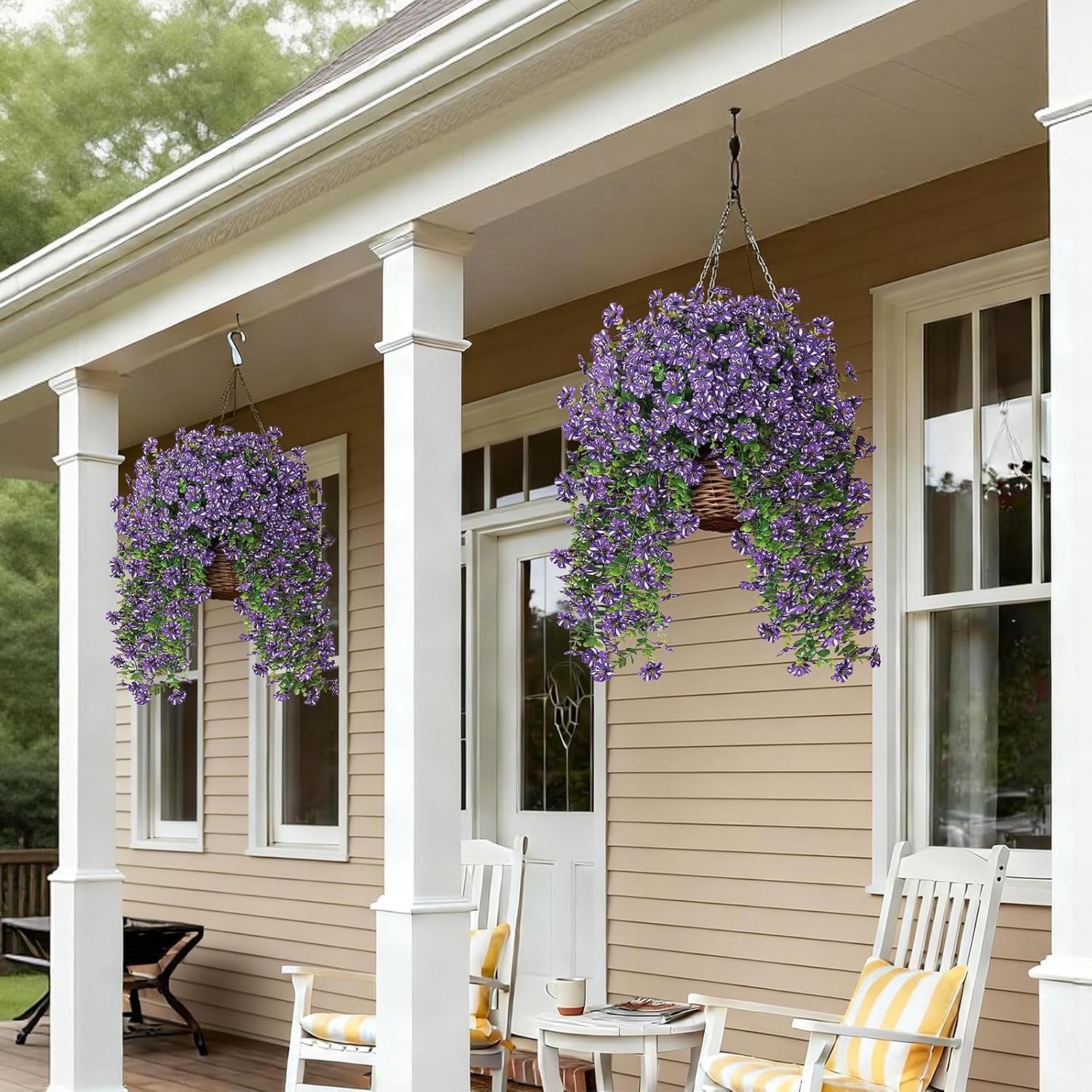 GLIDLION 8 PCS Artificial Morning Glory & Eucalyptus for Outside, Realistic Sun Resistant Fake Silk Hang Flower Faux Eucalyptus Leave for Patio Farmhouse Garden Porches Balcony Decor (Purple)