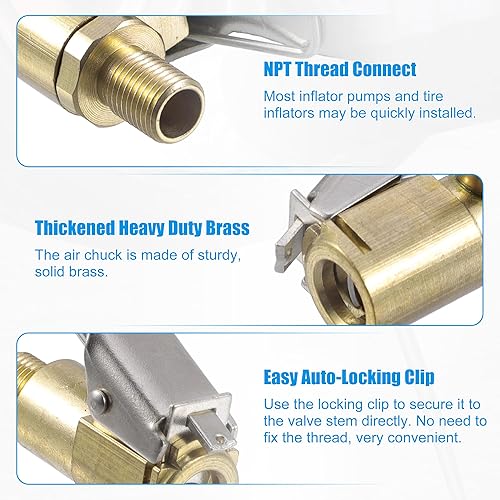 Miniatura 4 de X AUTOHAUX Kit de portabrocas de aire con adaptador de clip, adaptador de boquilla de inflador de neumáticos de bloqueo de latón, se adapta a la