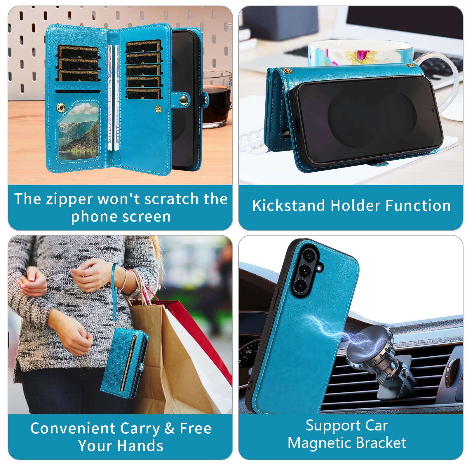 Asuwish Funda de teléfono para Samsung Galaxy S25 FE 5G con cremallera, funda desmontable para celular con protector de pantalla de vidrio templado, correa cruzada para la muñeca, tarjetero de flores