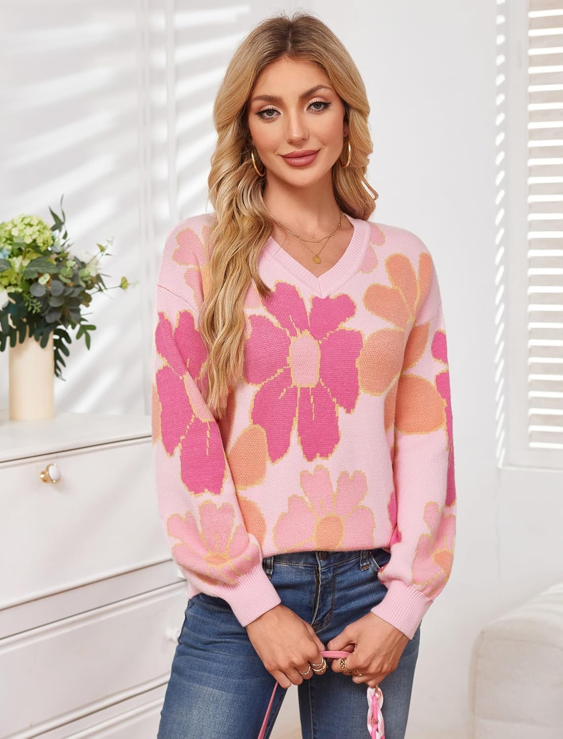 Angashion Womens Sweaters Flower Print - Crewneck Knitted Long Sleeve Sweaters Fall Winter Pullover Casual Top - Image 4