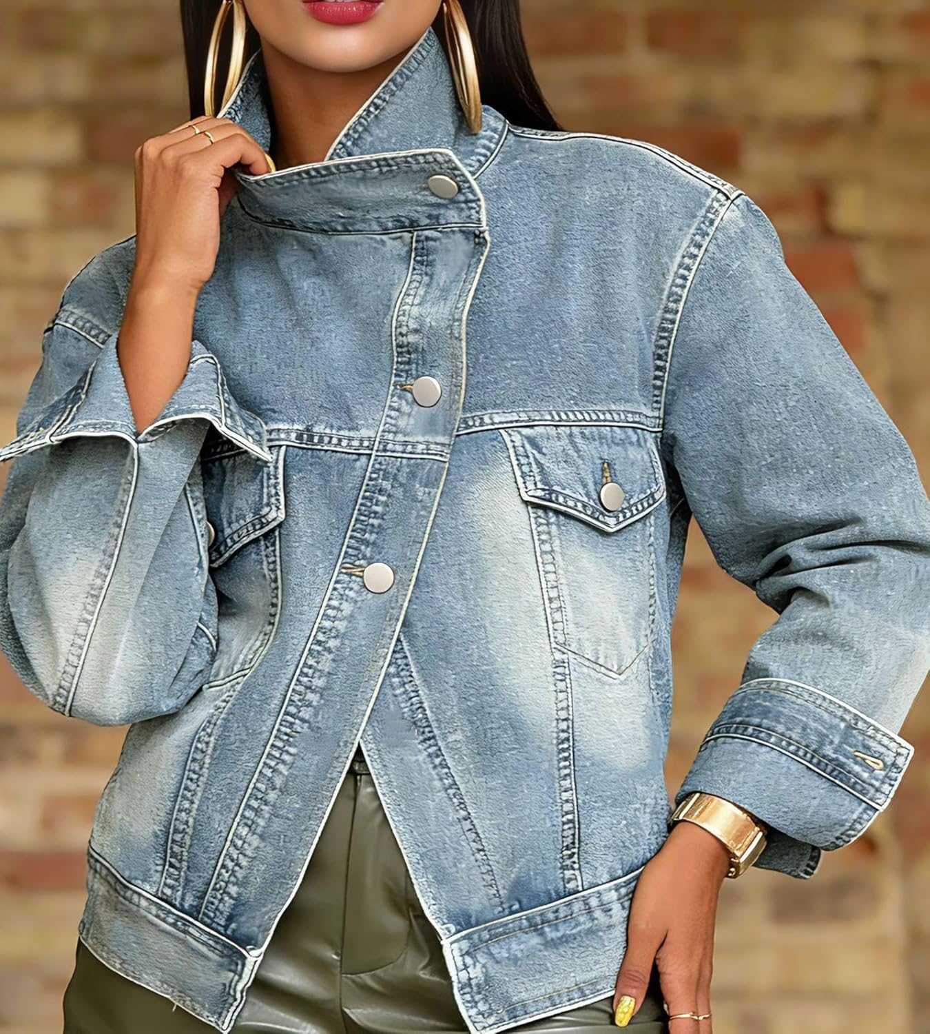 Womens Denim Jacket Button Down Long Sleeve Washed Jean Coat Boyfriend Classic Jackets with Chest Pockets