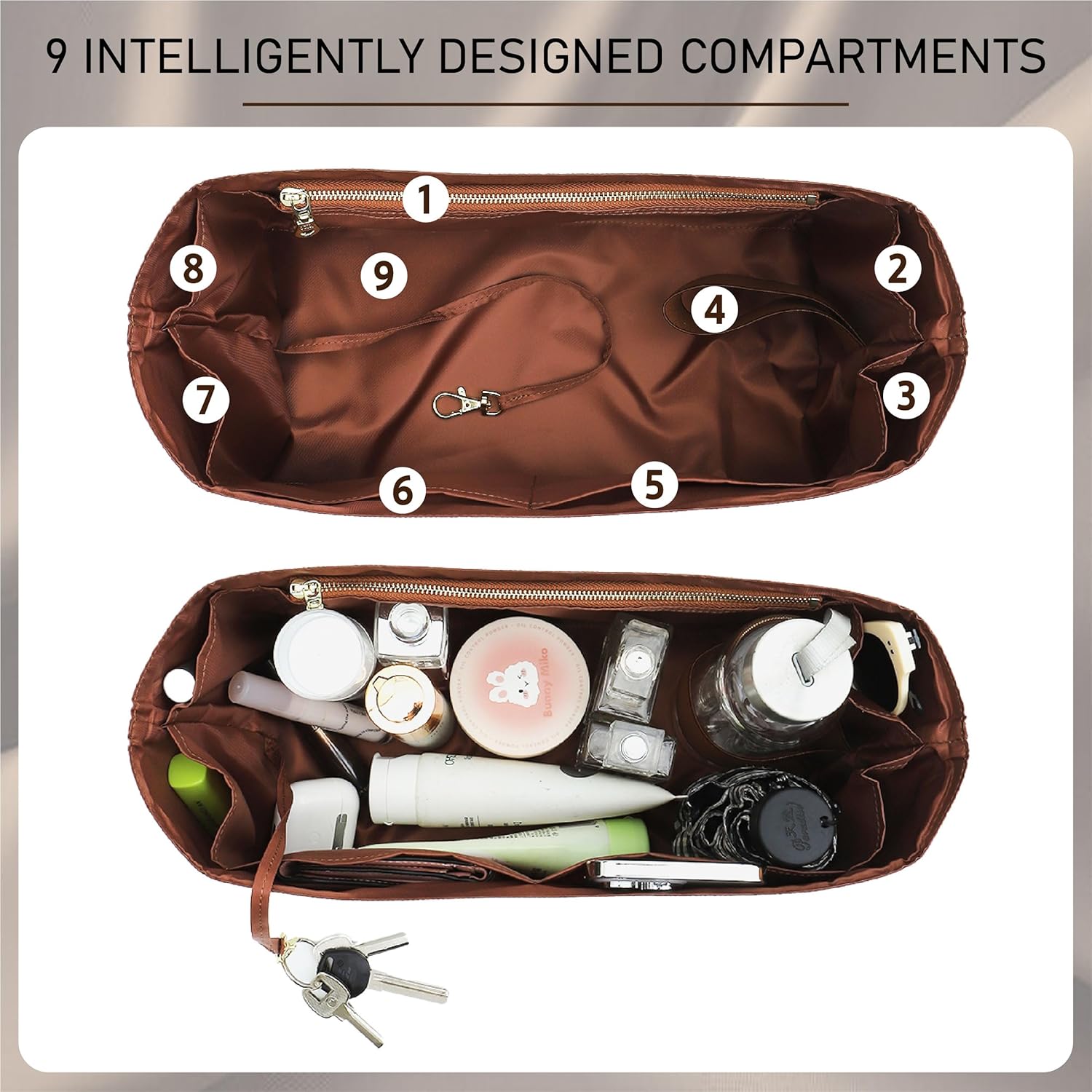 Doxo Purse Organizer Insert for Coach City Tote 33, Lightweight Tote Bag Organizer with keychain, 9 Pockets Bag insert with Cup Holder Zippered Section, Handbag Organizer Storage Divider (White Brown)
