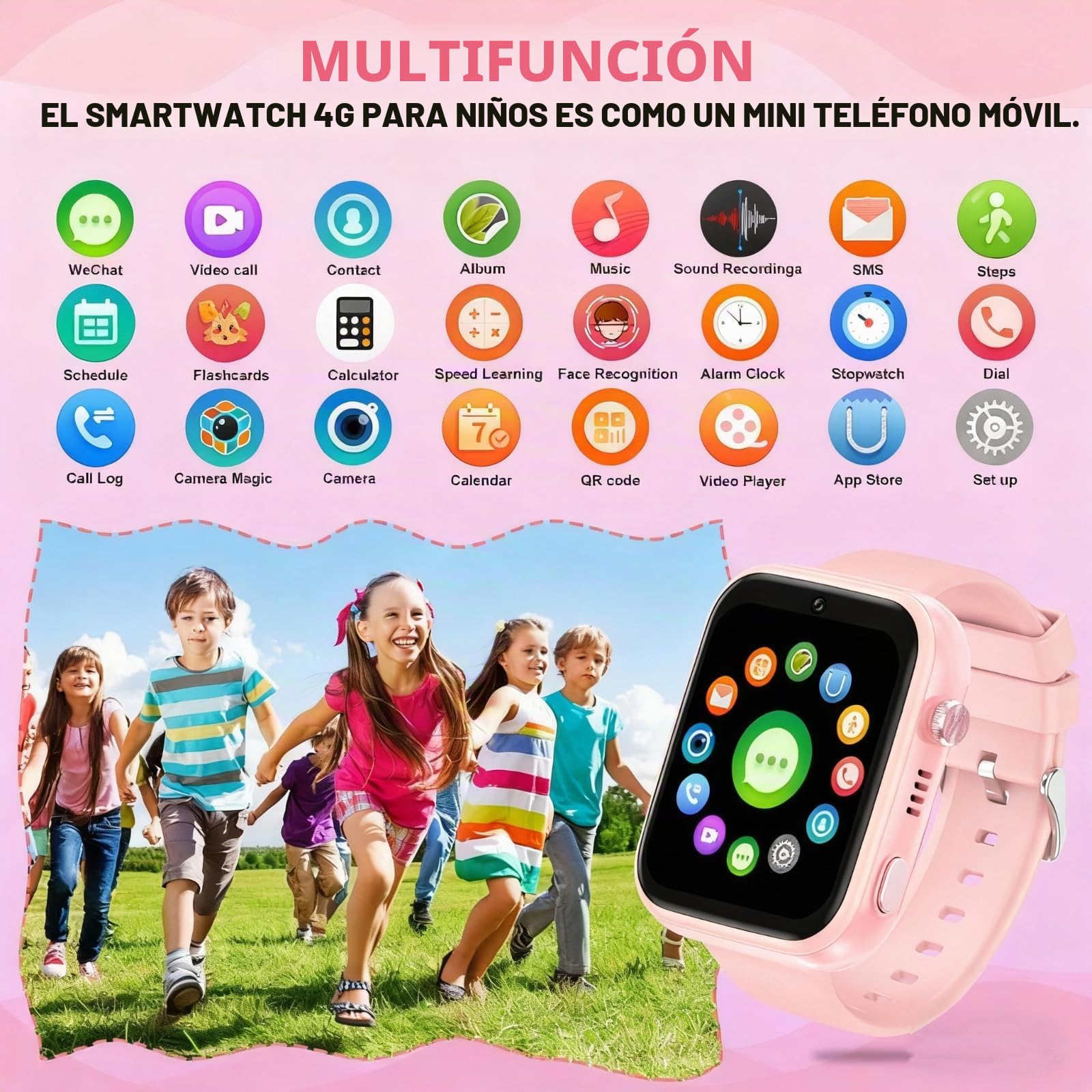OKYUK Reloj Inteligente para niños 4G con rastreador GPS, Llamadas bidireccionales, Reloj Inteligente SOS con múltiples Estilos de Escritorio para Elegir, para niños de 6 a 12 años (Rosa)