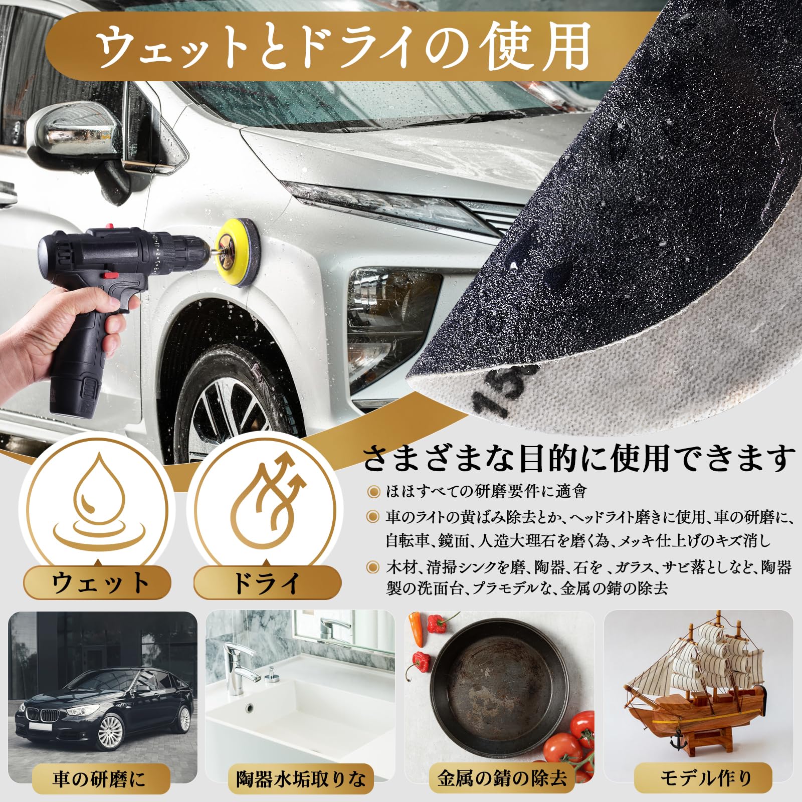 耐水 サンドペーパー 50mm 123セット GOH DODD 12種類 #60-#10000 サンダー用 紙ヤスリ マジック式 丸型 精密仕上げ 鏡面磨き 金属 車補修 ジュエリー研磨用 耐水ペーパー バッキングパッド付き（60 80 100 150 240 400 800 1200 2000 3000 5000 10000各10）