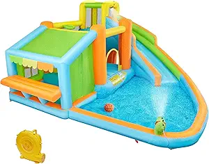Yaheetech Inflatable Bounce House, Water Bouncer Castle for Kids Aged 3-10 W/Splash Pool, Toy Market Stand, Bouncer Area, Slide, Climbing Wall, Storage Bag, 520W Blower for Outdoor Backyard