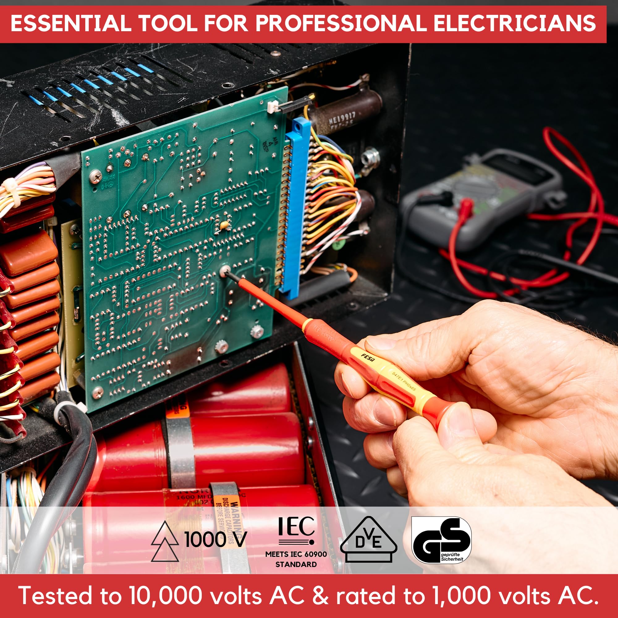 FESA Insulated Precision Screwdriver Set - 1000V 6-pc Terminal Screwdriver Set w/Magnetic S2 Tips - 2 Philips (PH00, PH0) & 4 Slotted (1.8mm, 2.0mm, 2.5mm, 3.0mm) Electrician Screwdriver Set w/Case