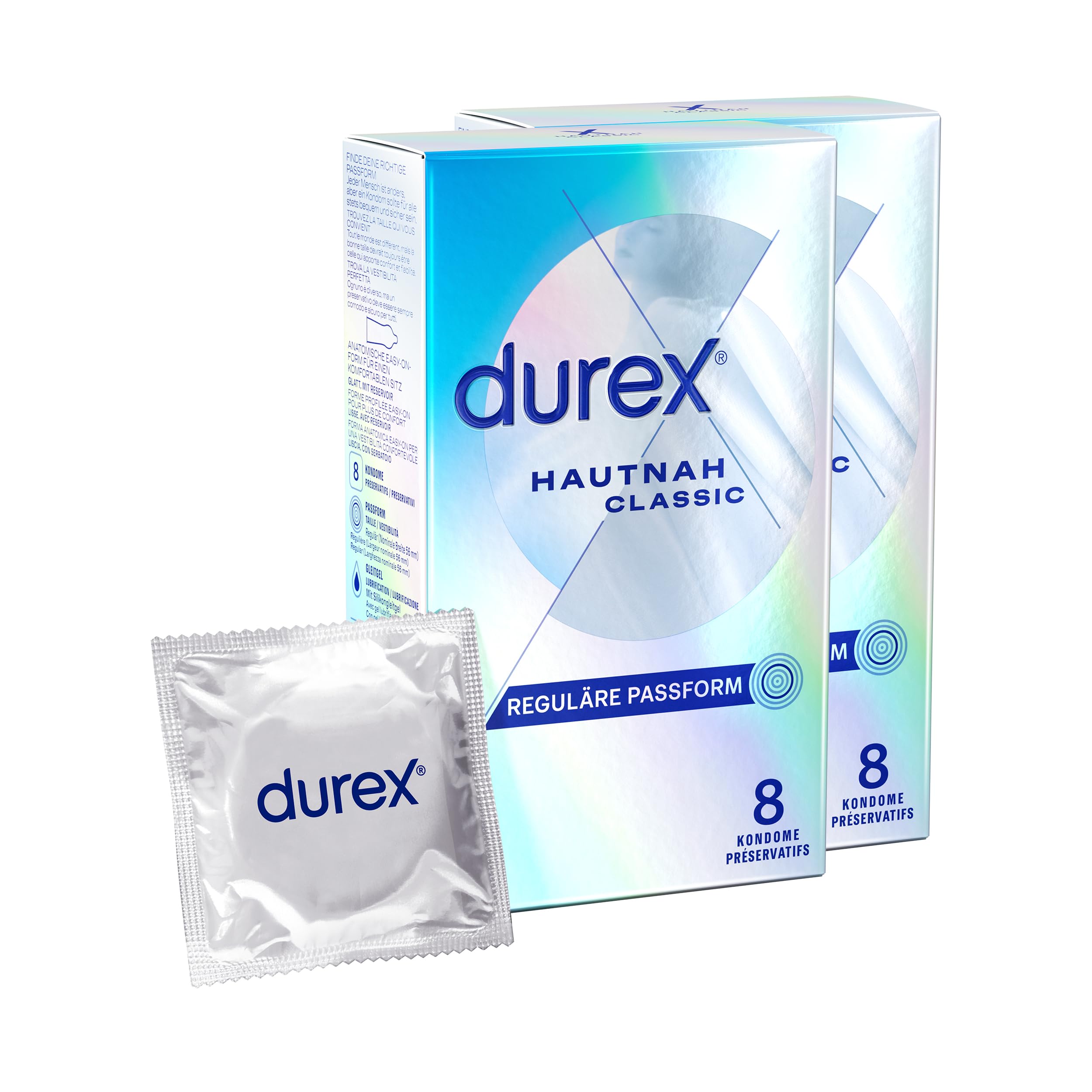 Durex Hautnah Classic Kondome – Ultra dünn, mit anatomischer Easy-On-Form & mit Silikongleitgel befeuchtet – 16er Pack (2 x 8 Stück)