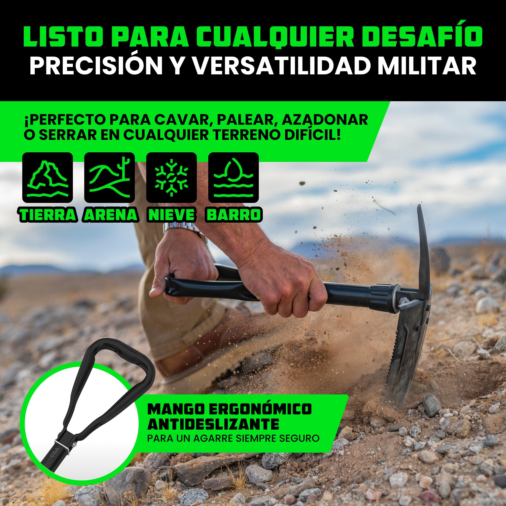 Rhino USA Pala Plegable con Pico - Pala eTool Plegable de Acero Robusta para Playa, Camping, Jardinería y más - Herramienta de Excavación Militar Táctica para Tierra, Arena, Barro y Nieve