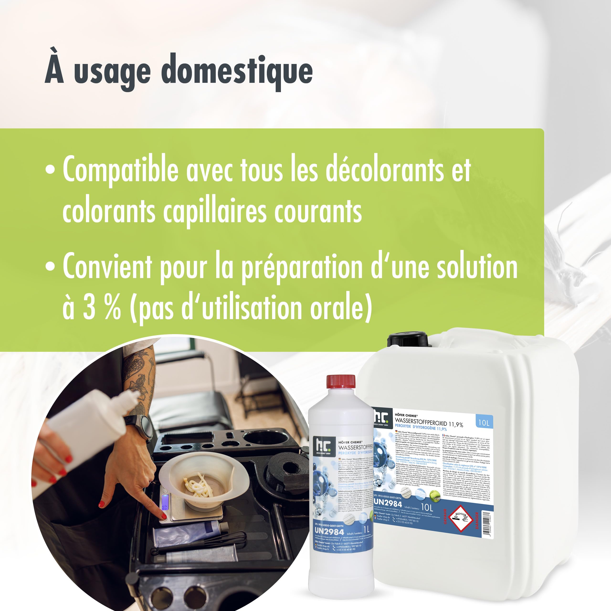 Höfer Chemie® Peroxyde d'hydrogène 11,9% – Bidon de (4 x 10 l) Stabilisé avec Bouchon de Sécurité
