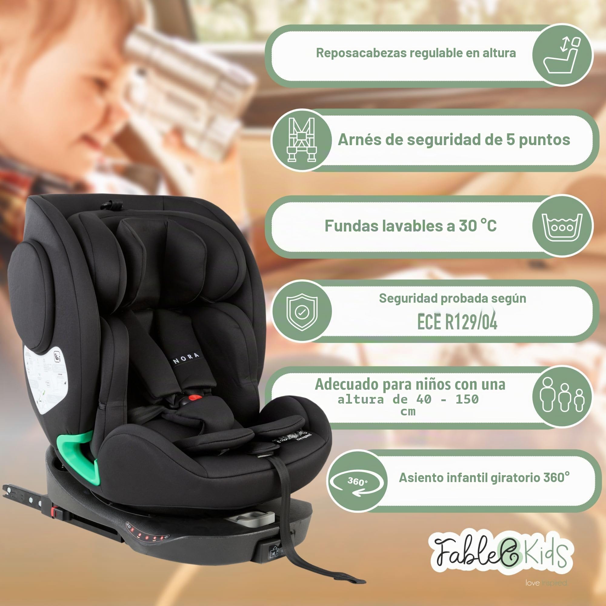 FableKids NORA Asiento infantil negro | Giratorio 360° i-Size asiento infantil 40 – 150 cm | Reboarder con ISOFIX y pata de apoyo | Reposacabezas y respaldo ajustables en altura | Certificado ECE R129