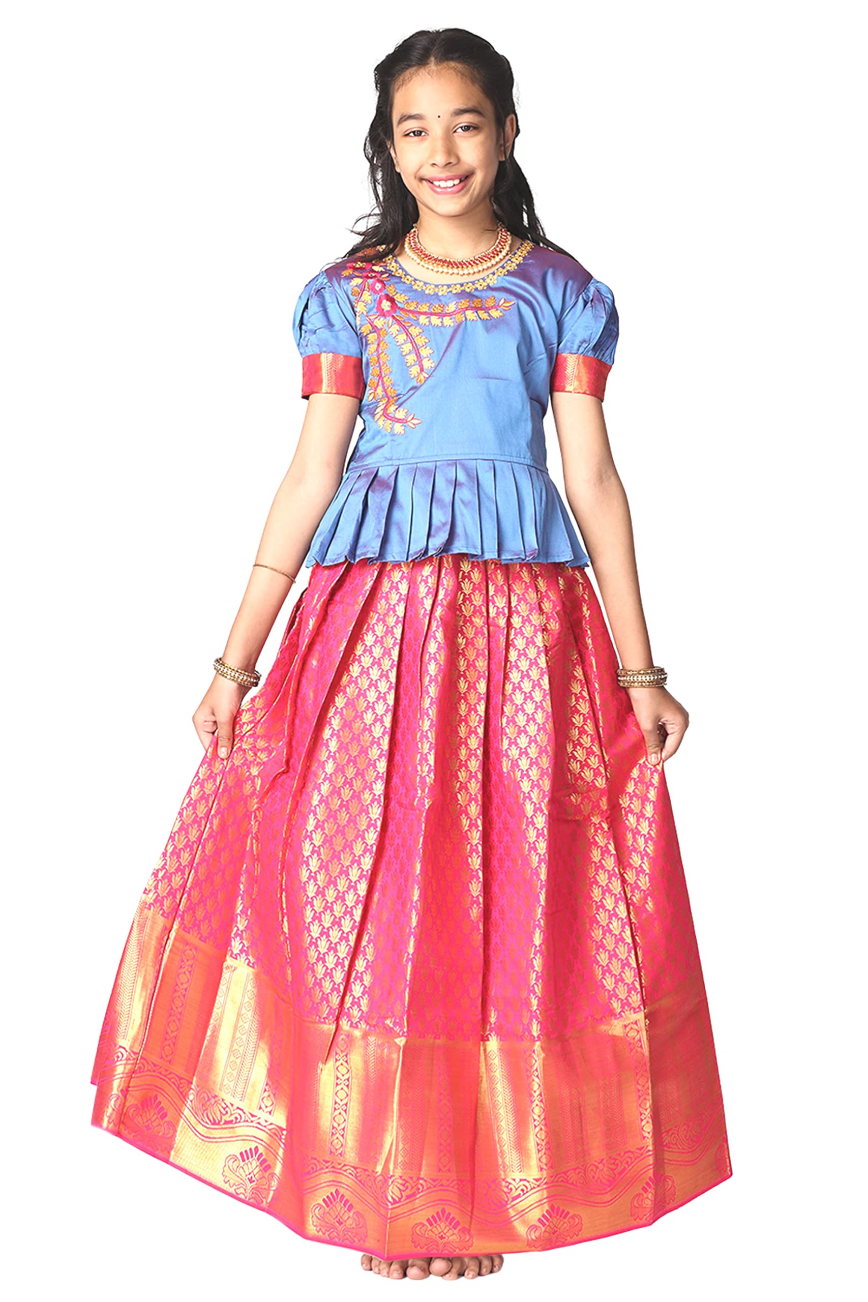 TotzTouch Kids Girls Pattu Pavadai | Lehenga Choli Set South Indian Traditional Wide Zari Border Embroidered Jacquard weave Ethnic Wear Red, Pink, Violet, Blue, Green, Sizes 1 to 10 Years