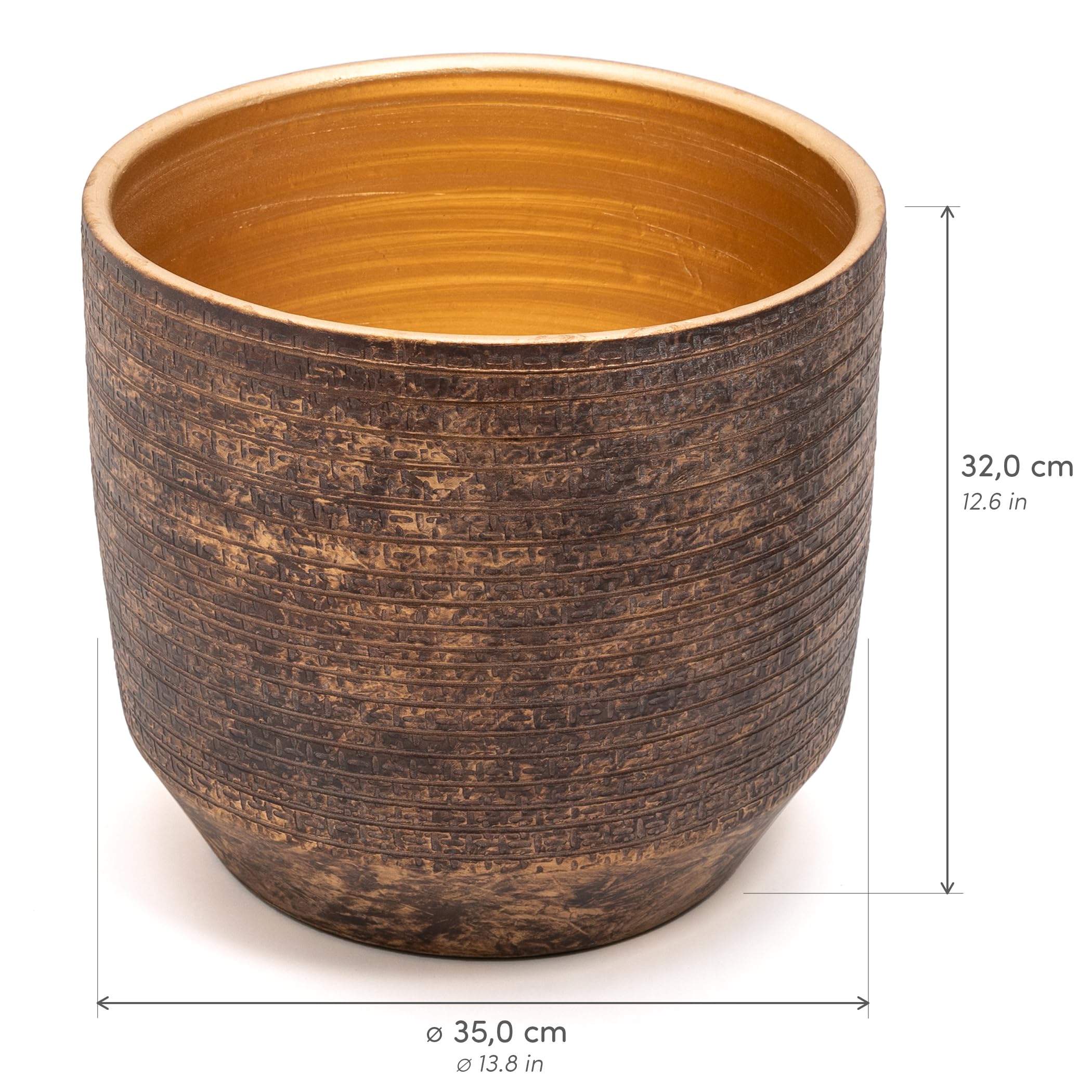 Grande e Elegante VASO in Terracotta | Vaso Decorativo Moderno per Piante, Fiori, Piante grasse, Piccoli Alberi | da Interno o Esterno. (Marrone/Oro, Ø35 - h.32cm)