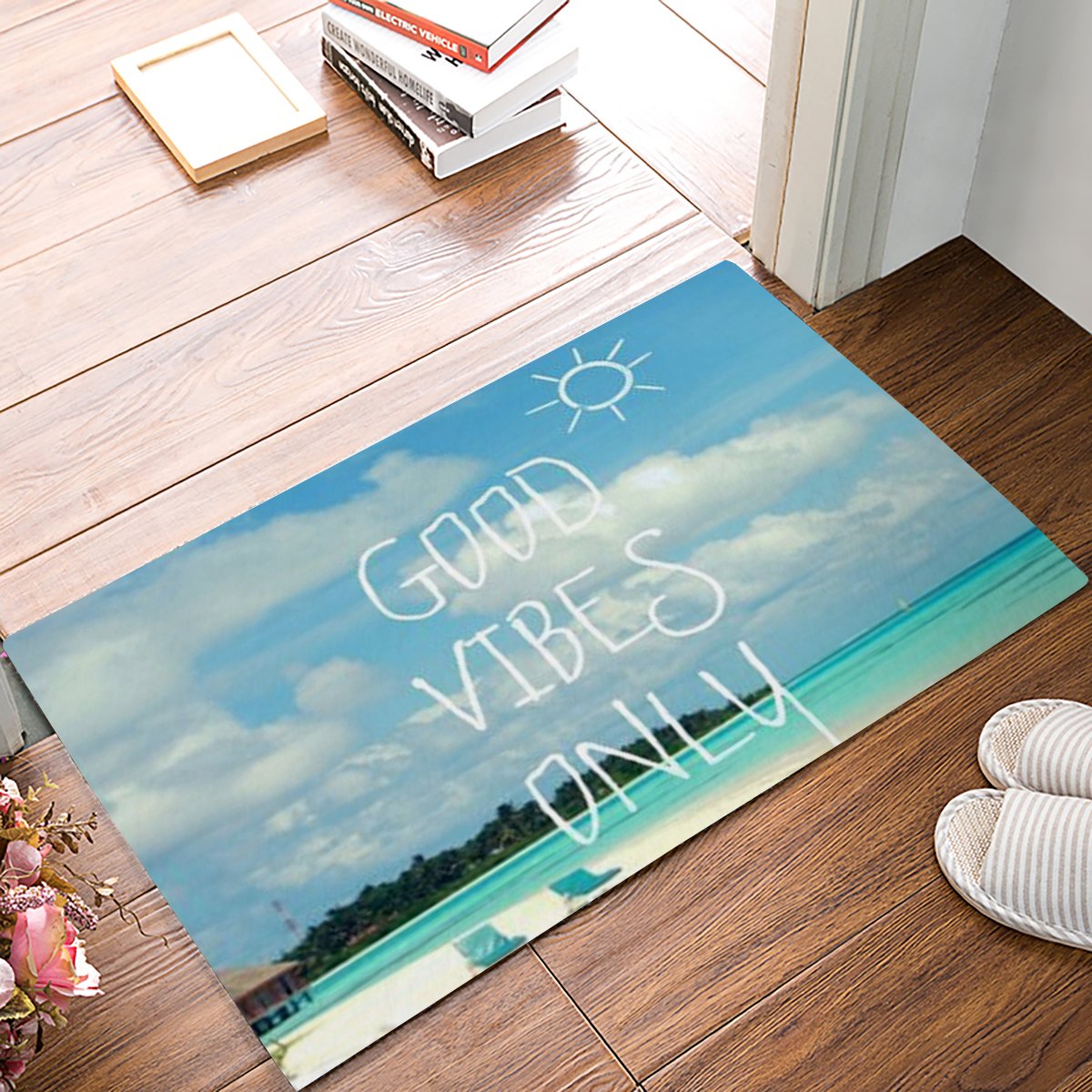 Blue Sea Beach with Funny Good Vibes Only Quotes Doormats Entrance Mat Floor Mat Door Indoor/Front Door/Bathroom/Kitchen Mats Rubber Non Slip Backing 36X24 Inch — image 1