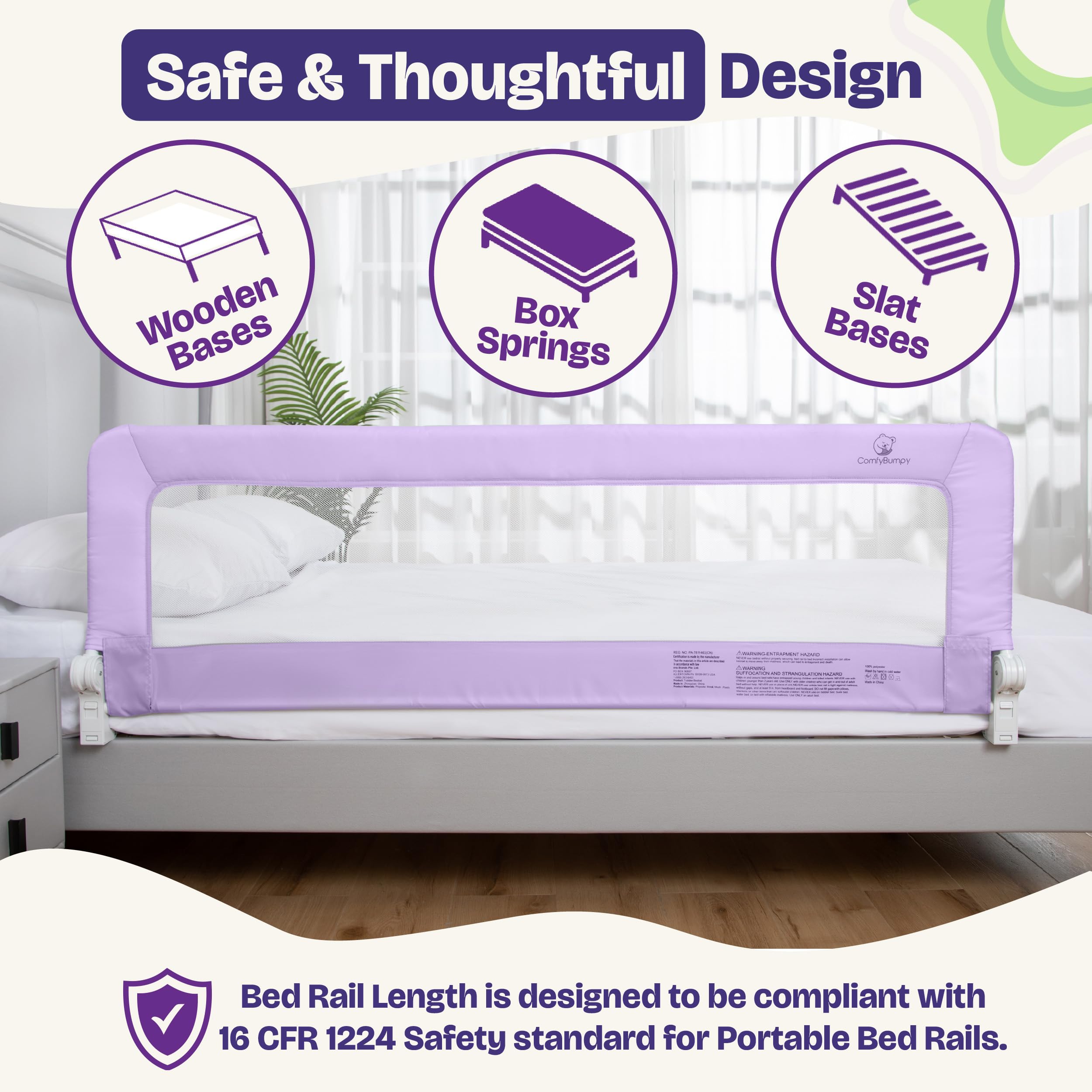 ComfyBumpy 1-Pack Bed Rail for Toddlers 55.5" L x 19.5" H | Toddler Bed Rails for Twin, Full, Queen &amp; King Mattress Size | Swing Down Rail Guard | Mattress Side Rail for Kids | Purple