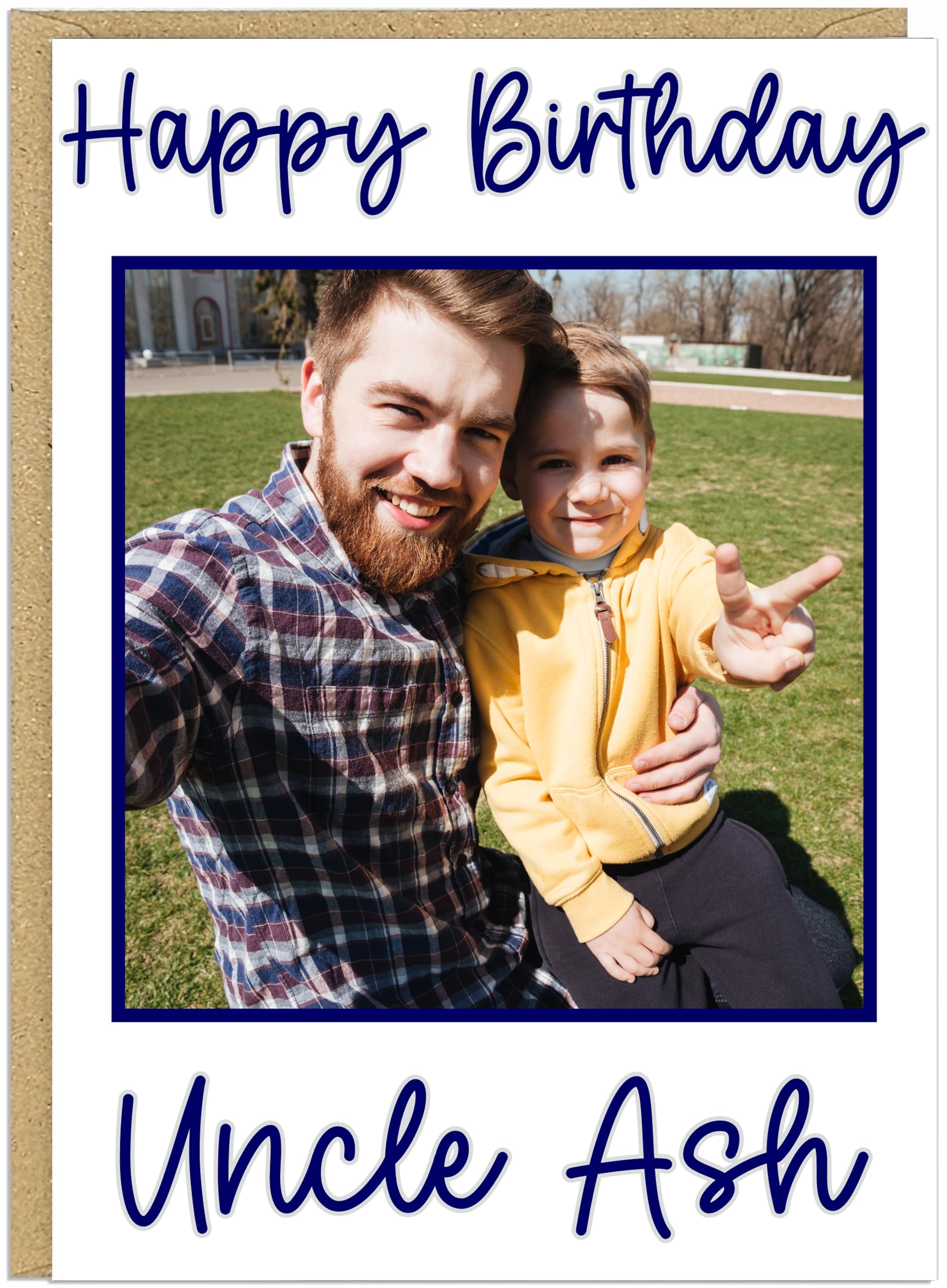 Custom Own Photo & Own Name Personalised Happy Birthday Card - Uncle Daddy Husband Grandad Son Designs - 7 Text Colour Options Brown Dark Grey Green Red Black Blue (Blue)