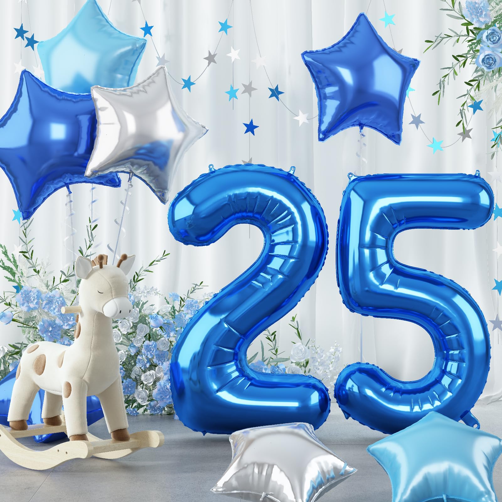 Royal Dark Blue Large Numbers Balloons 25, 40 Inch Self Inflating Light Baby Teal Blue Helium 25 Balloon Decor, Silver Star Foil Mylar Balloon for Men