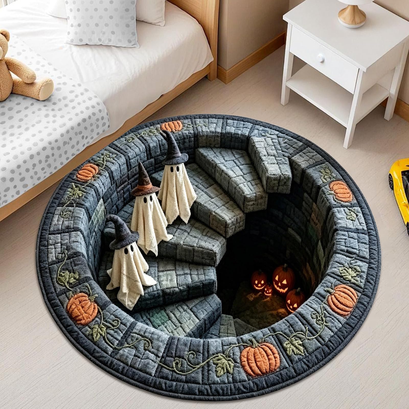 Tapis rond en velours antidérapant avec impression visuelle en spirale pour