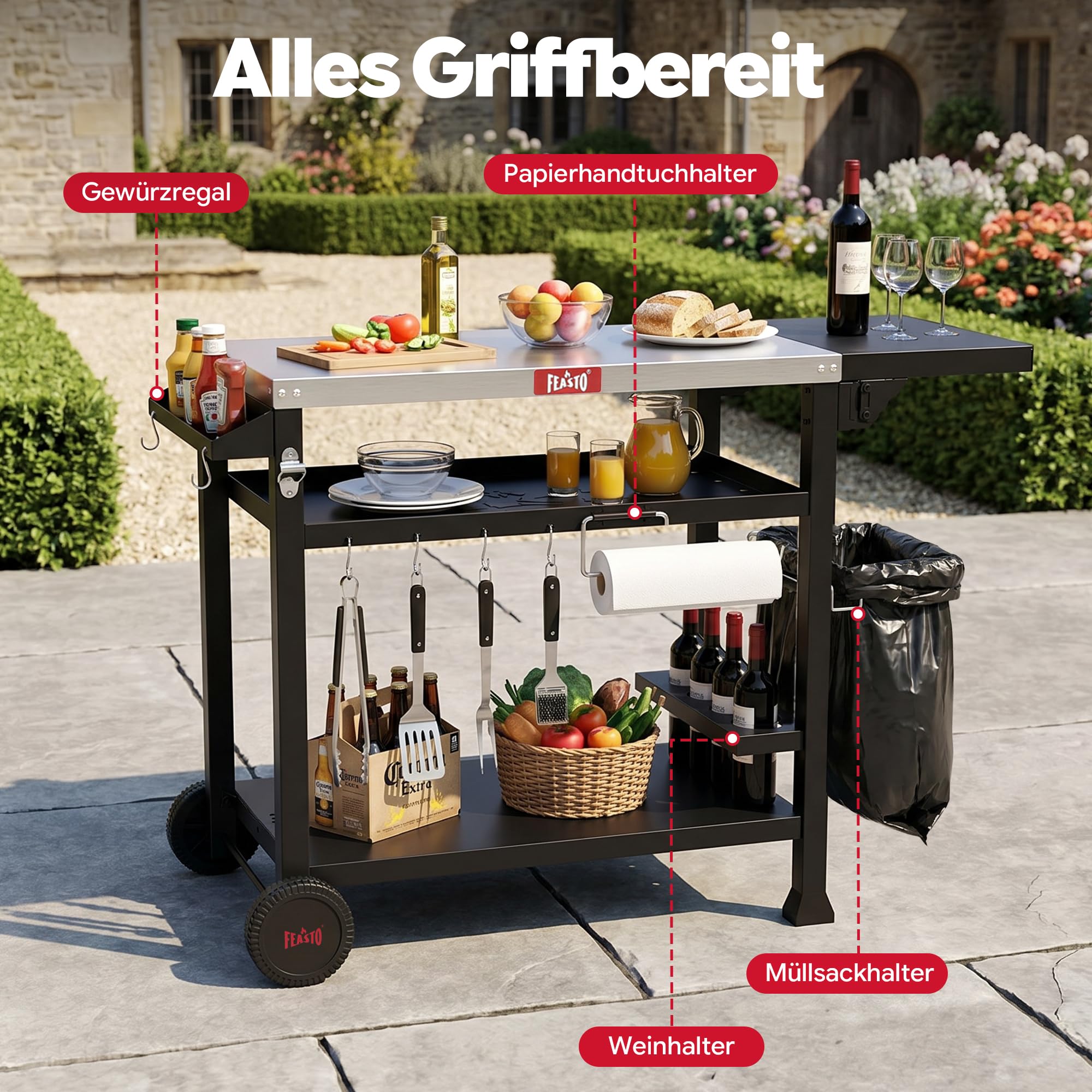 Feasto Grillwagen Outdoor wetterfest Grilltisch Pizzatisch Outdoor-Küche | 125x64x84cm grill beistelltisch outdoor mit klappbarem Beistelltisch, Outdoor Servierwagen für Küche, Terrasse, Buffet