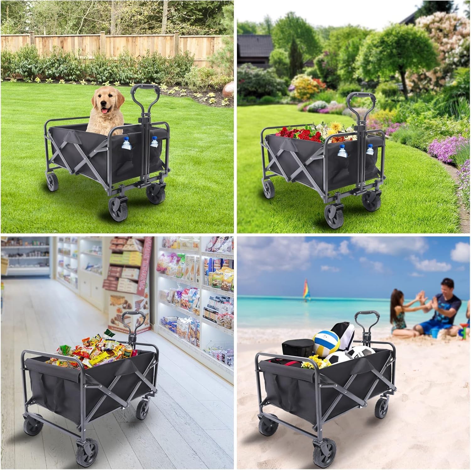 Carrello da festival, carrello pieghevole da campeggio, 4 ruote girevoli a 360° con manico regolabile, carico 80 kg, adatto per attività all'aperto, spiagge, giardini