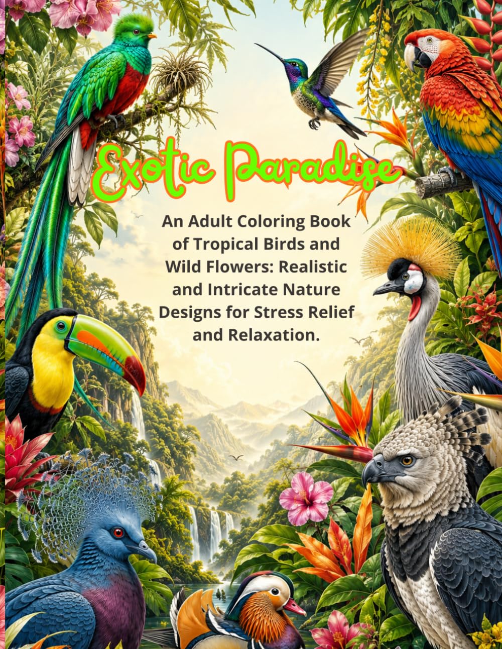 Exotic Paradise: An Adult Coloring Book of Tropical Birds and Wild Flowers: Realistic and Intricate Nature Designs for Stress Relief and Relaxation.