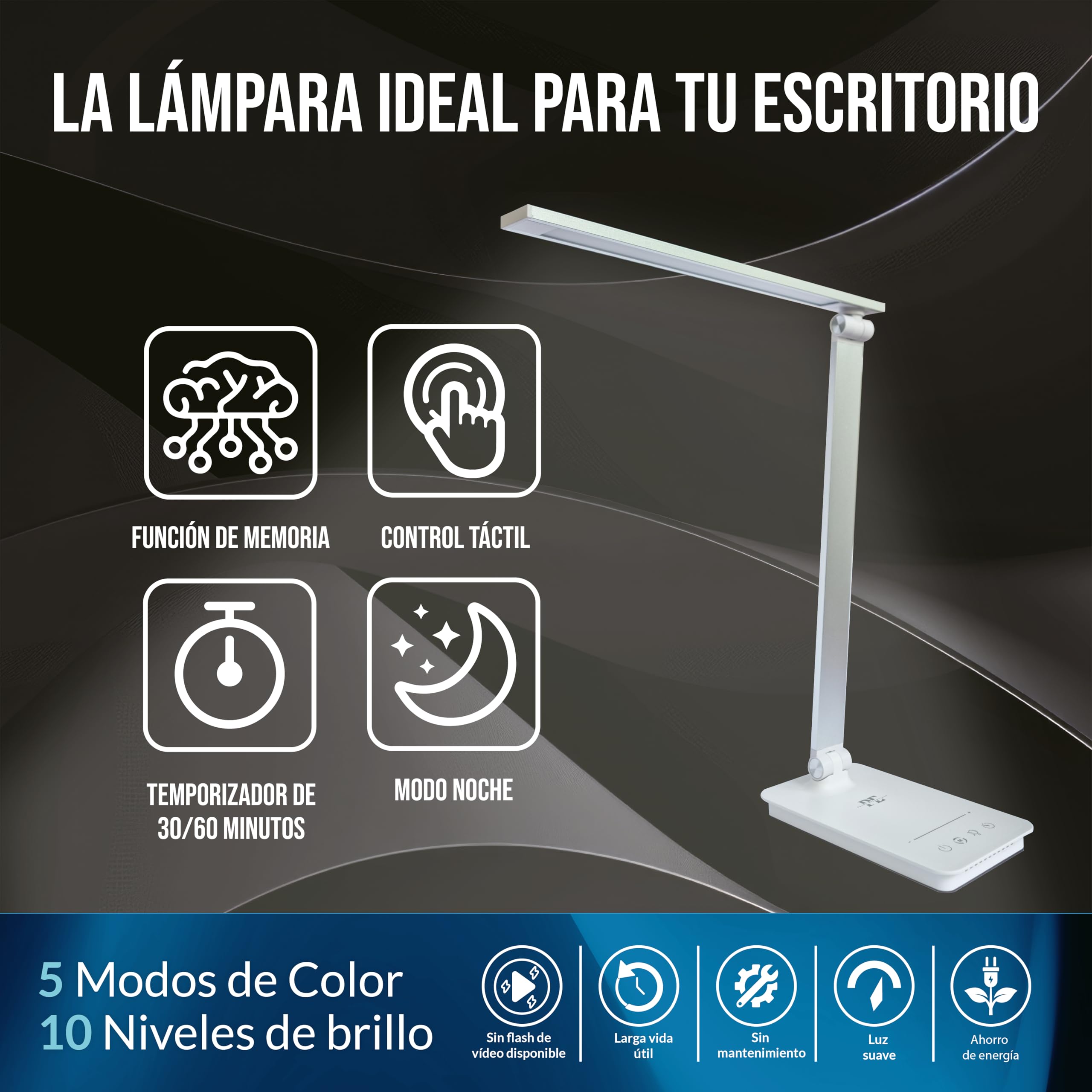 Lámpara LED Escritorio 5 Funciones en 1 | Flexo de Escritorio con Luz Nocturna I Lámpara de escritorio táctil I 5 Modos de Luz I 10 Niveles de Brillo I Puerto USB I Color Plata.