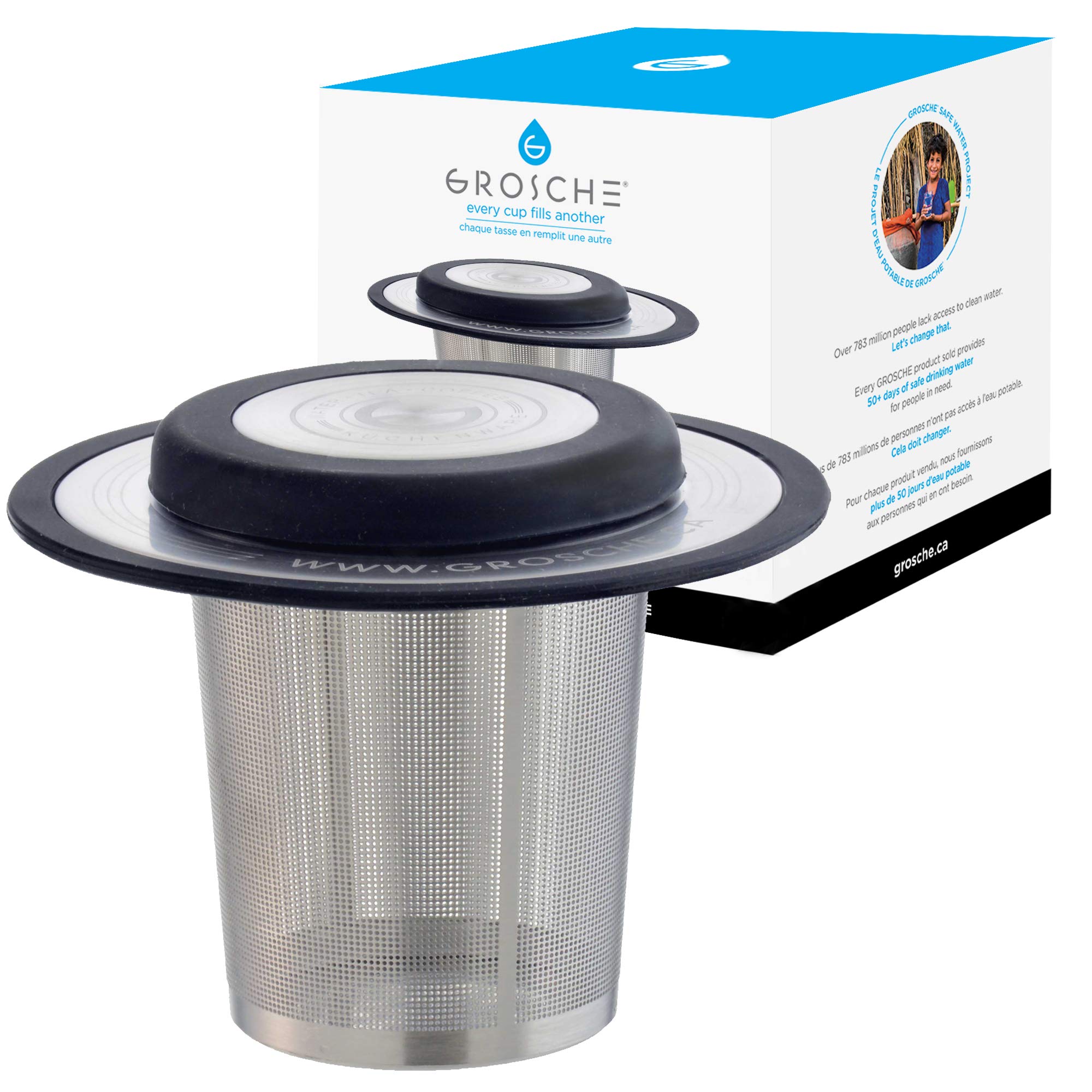 GROSCHE London Drop In Ultra Fine Laser Cut Stainless Steel Tea Infuser (Brew-in-cup infuser) with lid, trivet, and soft touch silicone