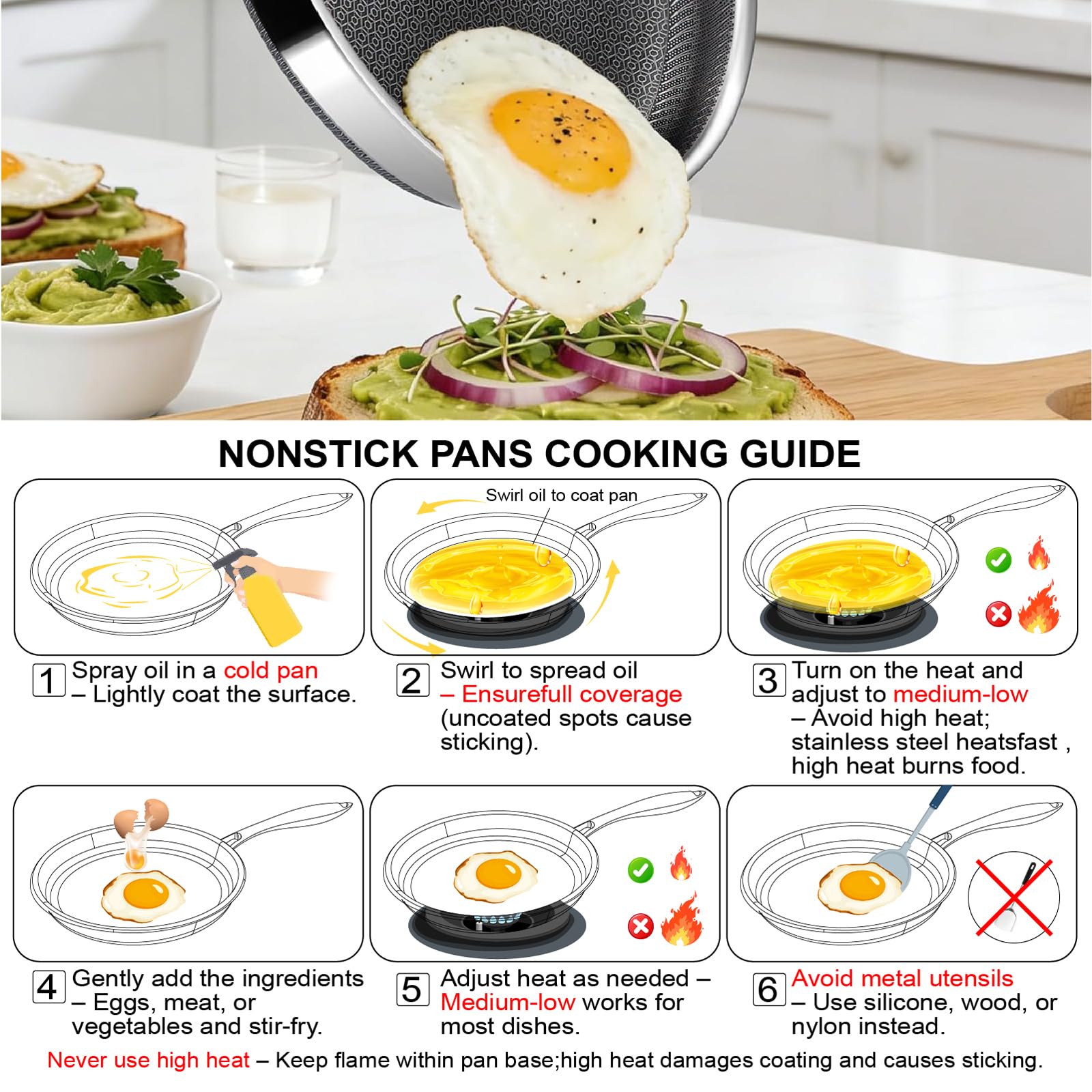 Vocvee 12" Non Stick Frying Pan - Oven & Dishwasher Safe -4 Vocvee 12" Non Stick Frying Pan - Oven & Dishwasher Safe -4