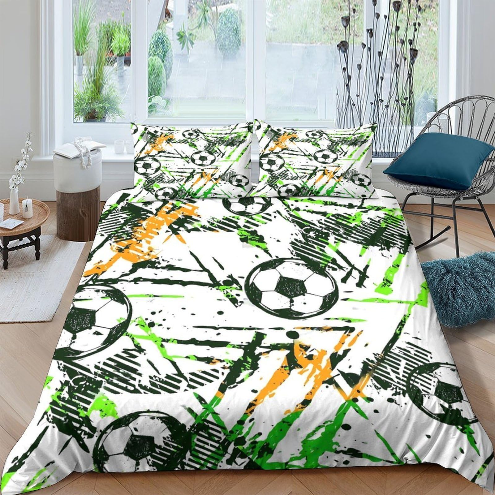 Ctjqhvkz Style-7 3D Printed Football Graffiti Fitted Sheet Microfiber Soft Green Orange Soccer Bed Cover For Bedroom Home Decor Single（135X200cm）