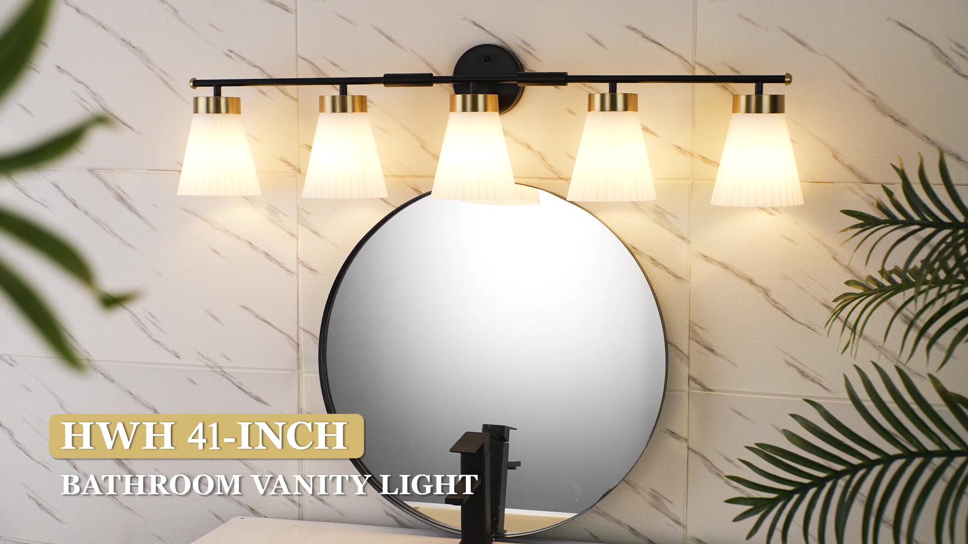 Image of Bathroom Wall Sconces, HWH 5-Light Wall Mount Lighting Fixtures for Mirror, Modern Vanity Lights with Frosted Milk White Striped Glass, Black and Gold Finish, 5HZG97B-5W BK+BG