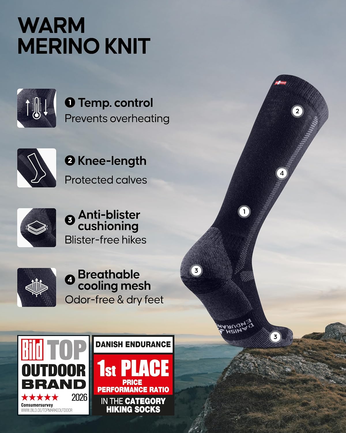 DANISH ENDURANCE Knee High Hiking Socks, Merino Wool, Long Thermal Socks, for Women & Men - Image 2