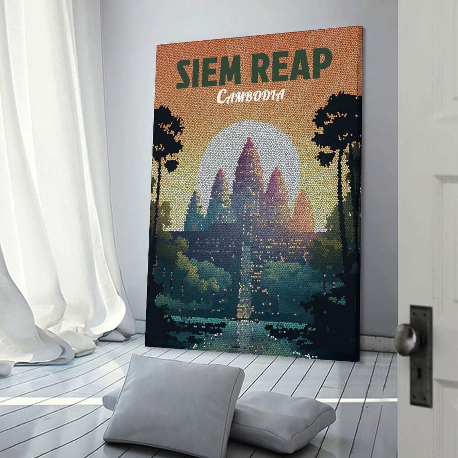 Junmoney Siem Reap Cambodia Mosaic Art Wall Decor Canvas Print, 24x36inch(60x90cm), for Bedroom, Lounge Or Dressing Area, Decorative Wall Art for Cosy Rooms