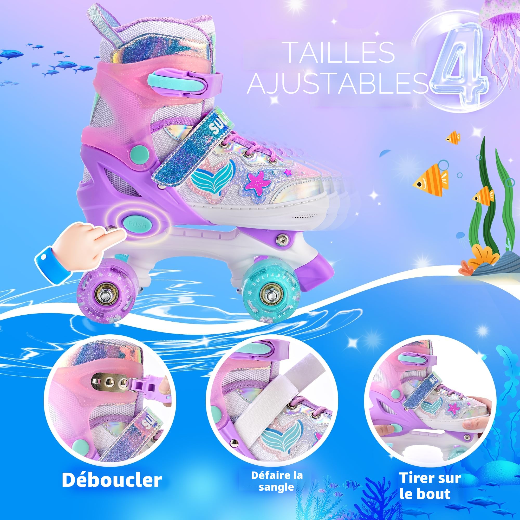 SULIFEEL Patins à roulettes réglables pour Enfants de 3 à 5 Ans, 5 à 8 Ans, 6 à 12 Ans, avec 4 Tailles de lumière réglable sur Roues, Meilleur Cadeau pour Les Enfants pour Les débutants, Sports