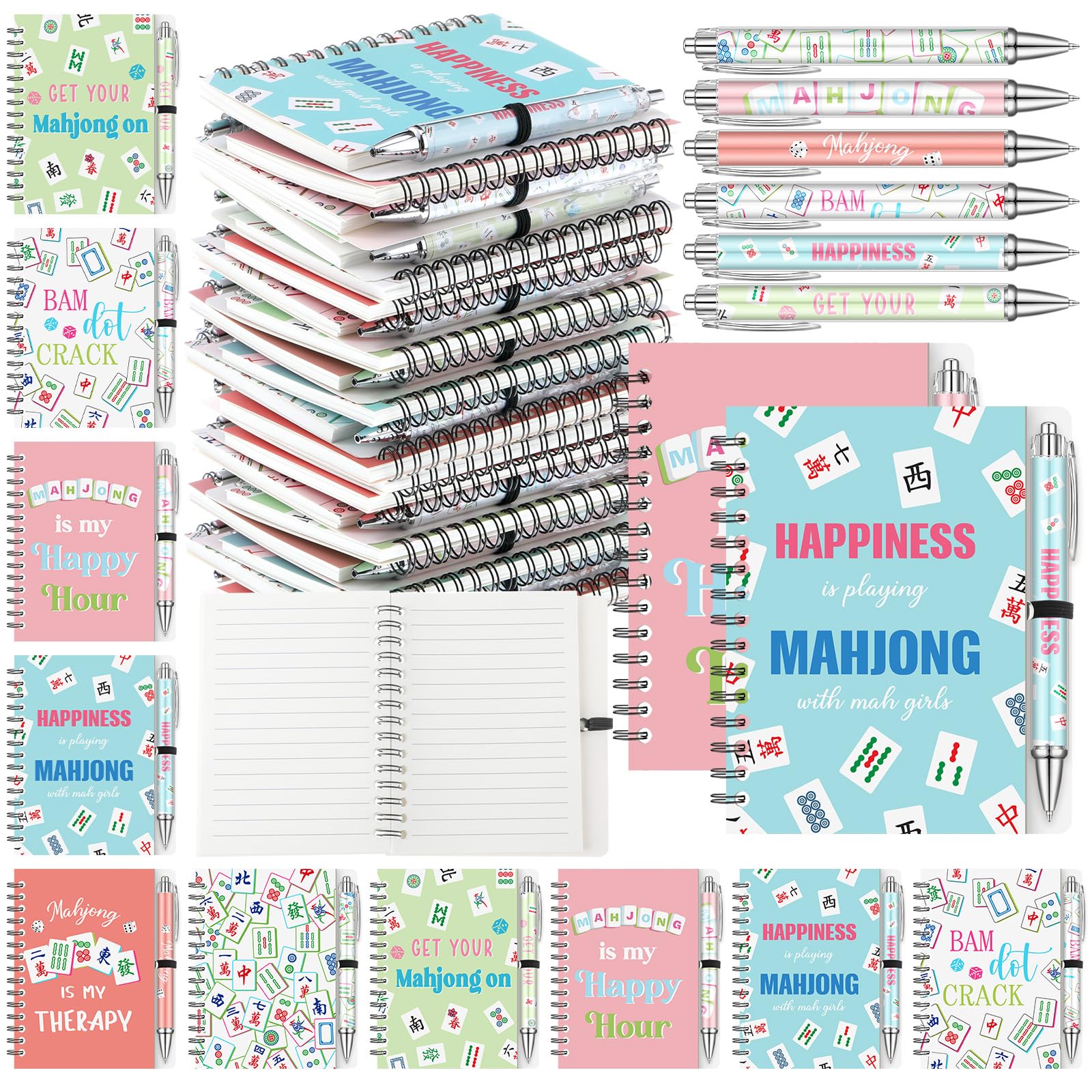 Resurhang Lot de 24 pièces/12 ensembles de cadeaux pour amoureux de Mahjong comprenant 12 carnets à spirale et 12 stylos à bille rétractables – Cadeaux amusants pour Mahjong – Cadeaux amusants pour