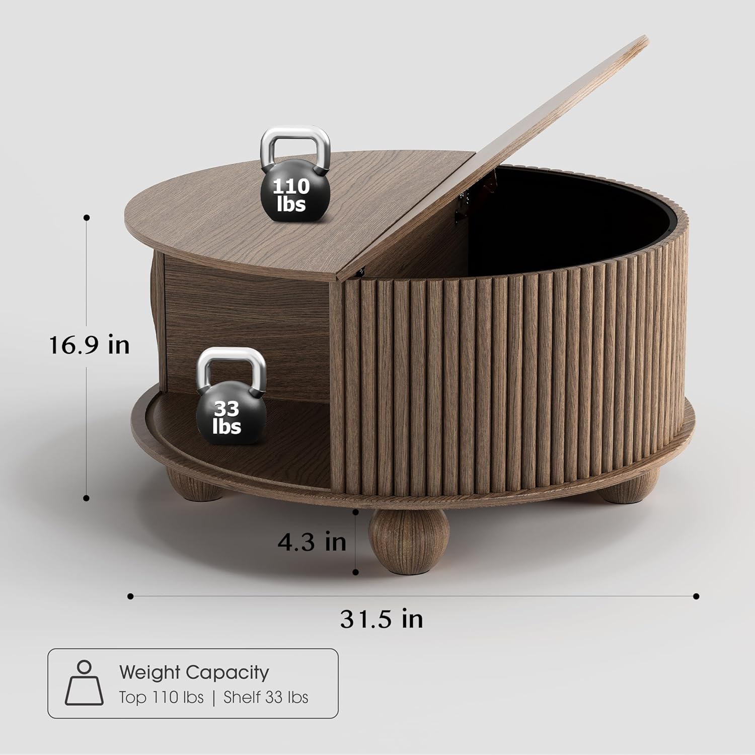 Round Coffee Table with Storage, 31.5" Walnut Fluted Drum Center Table, Mid Century Modern Wood Circle Table with Sliding Door & Bun Feet for Living Room
