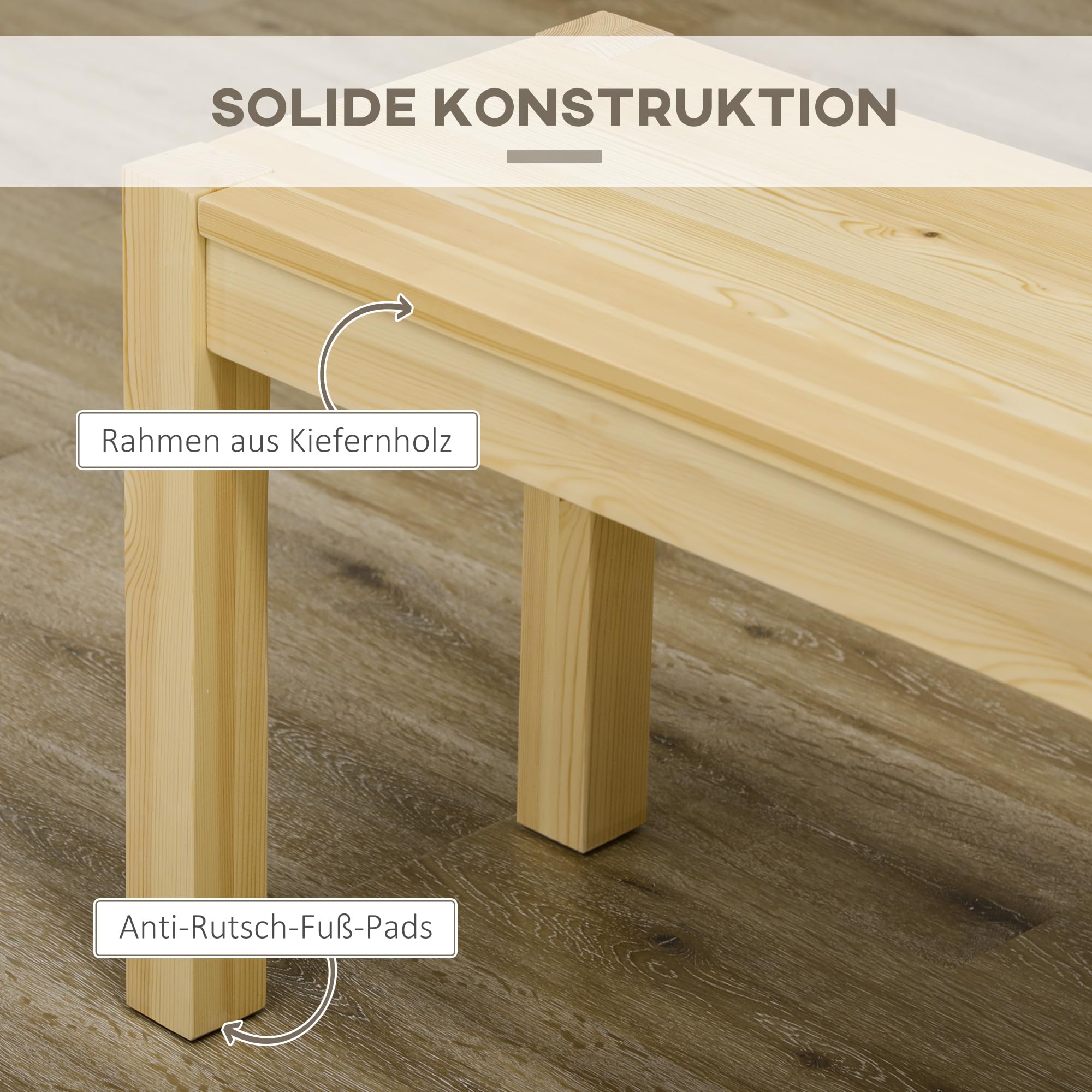 HOMCOM Sitzbank 3-Sitzer Holzbank Küchenbank im Landhaus-Stil, Essbank für Wohnzimmer, Küche, Eingang, Kiefernholz, bis 330 kg belastbar, 150 x 33 x 45 cm, Natur