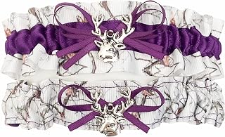 Camouflage Dark Purple Satin Wedding Bridal Garter Set - Deer Head Charm