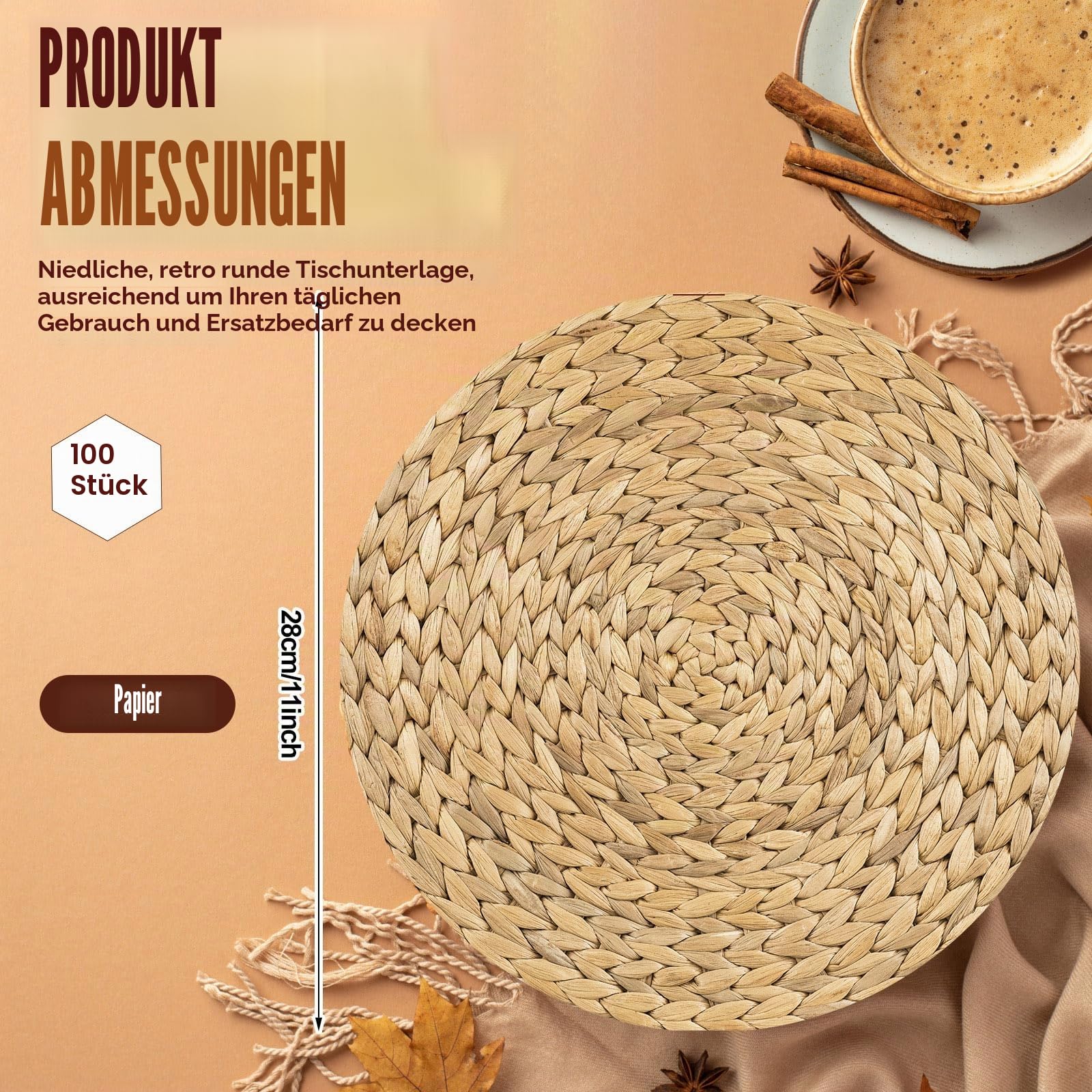 Dandat 100 Stück Einweg-Tischsets aus gewebtem Papier, 27.9 cm, rund, mit Korbgeflecht, Bedruckte Ladegeräte, Platzdeckchen, Bauernhaus, Einweg-Tischsets, Dinner, Party (Hellbraun)