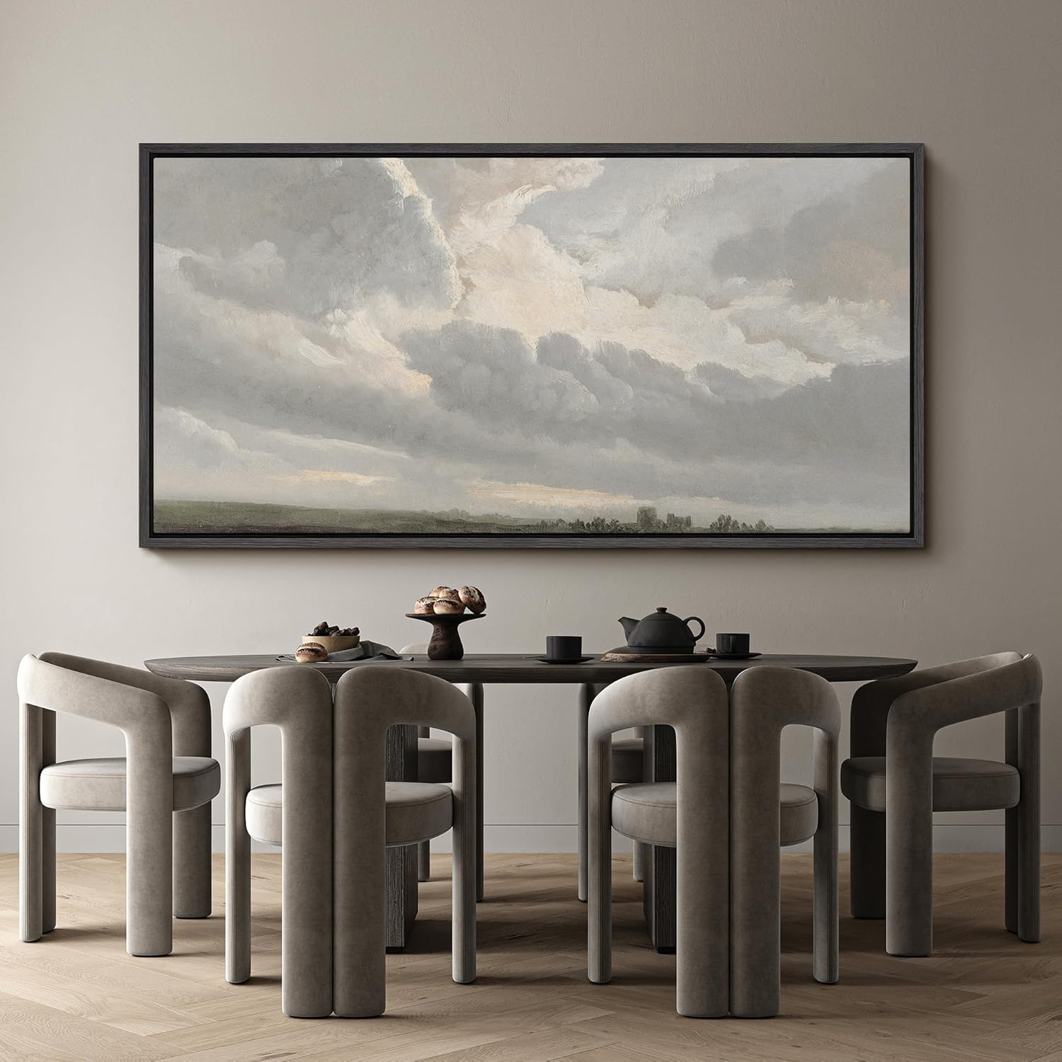 SIGNFORD Extra Large Framed Canvas Moody Gray Storm Clouds Over Horizon Atmospheric Cloudscape Illustrations Modern Art Calm Warm for Living Room, Bedroom, Office - 60"x30"