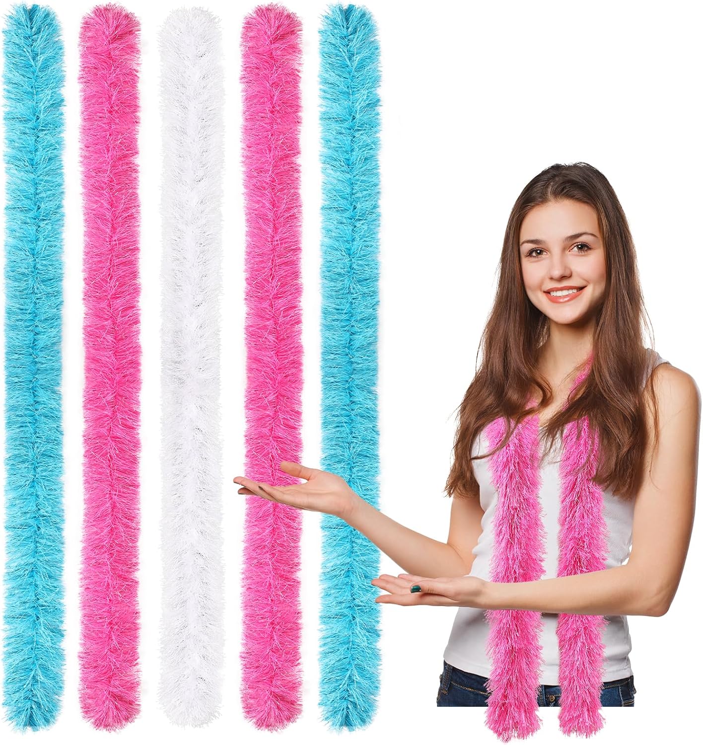 5pcs Feather Boa - MixColor Artificial Fluffy Boas Bulk 5 Ft for Wedding Birthday Tea Party Christmas Costume Decor(AquaBlue Pink White)